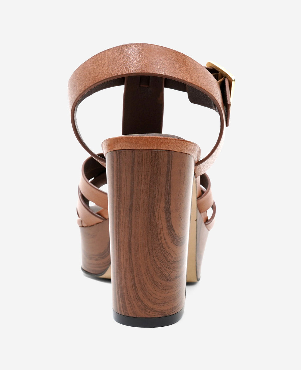 Lotus Woven Leather T-Strap Wood Platform Sandal | Kenneth Cole LUGGAGE LEATHER