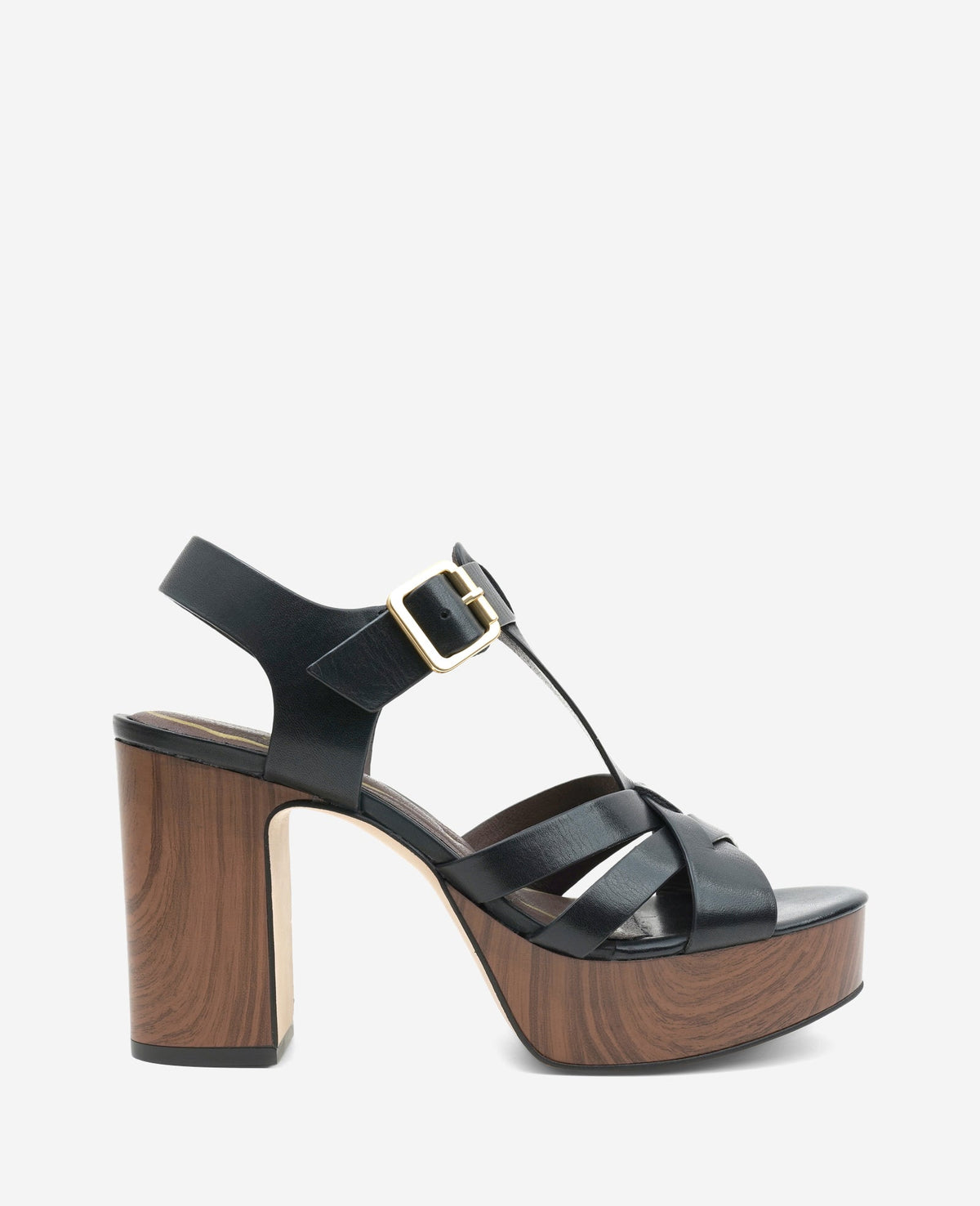 Lotus Woven Leather T-Strap Wood Platform Sandal | Kenneth Cole BLACK LEATHER