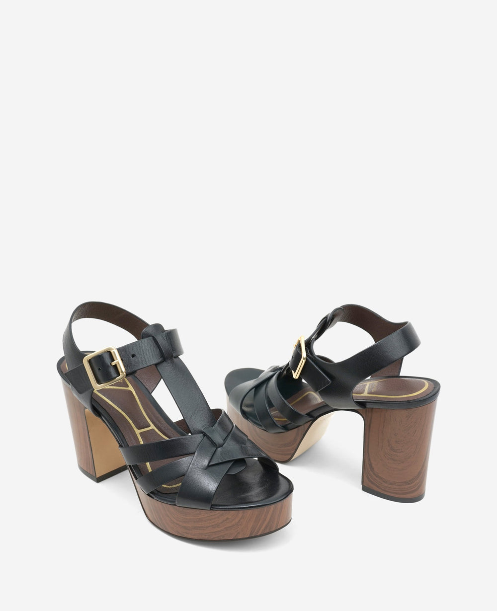 Lotus Woven Leather T-Strap Wood Platform Sandal | Kenneth Cole BLACK LEATHER