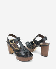 Lotus Woven Leather T-Strap Wood Platform Sandal | Kenneth Cole BLACK LEATHER