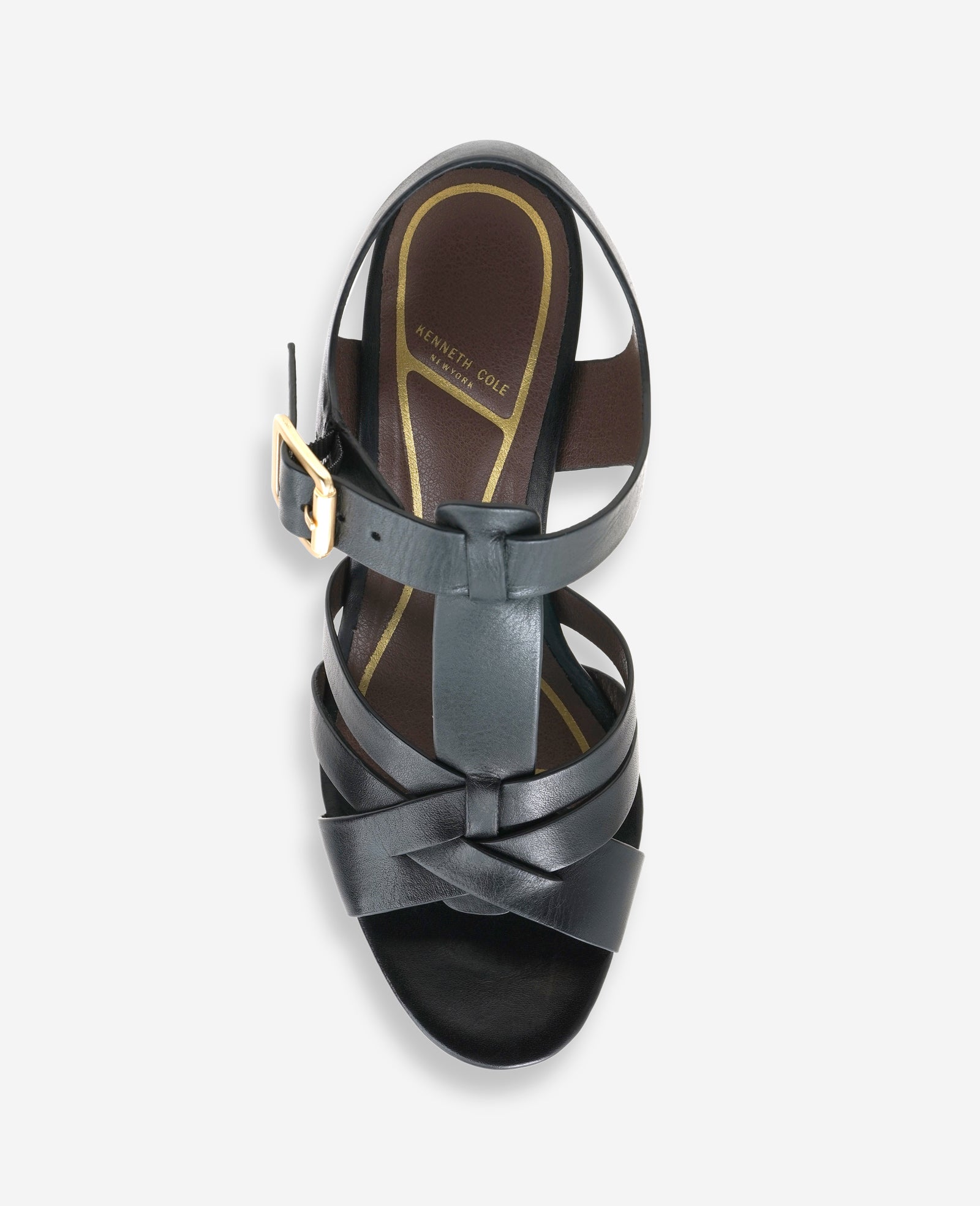 Lotus Woven Leather T-Strap Wood Platform Sandal | Kenneth Cole BLACK LEATHER