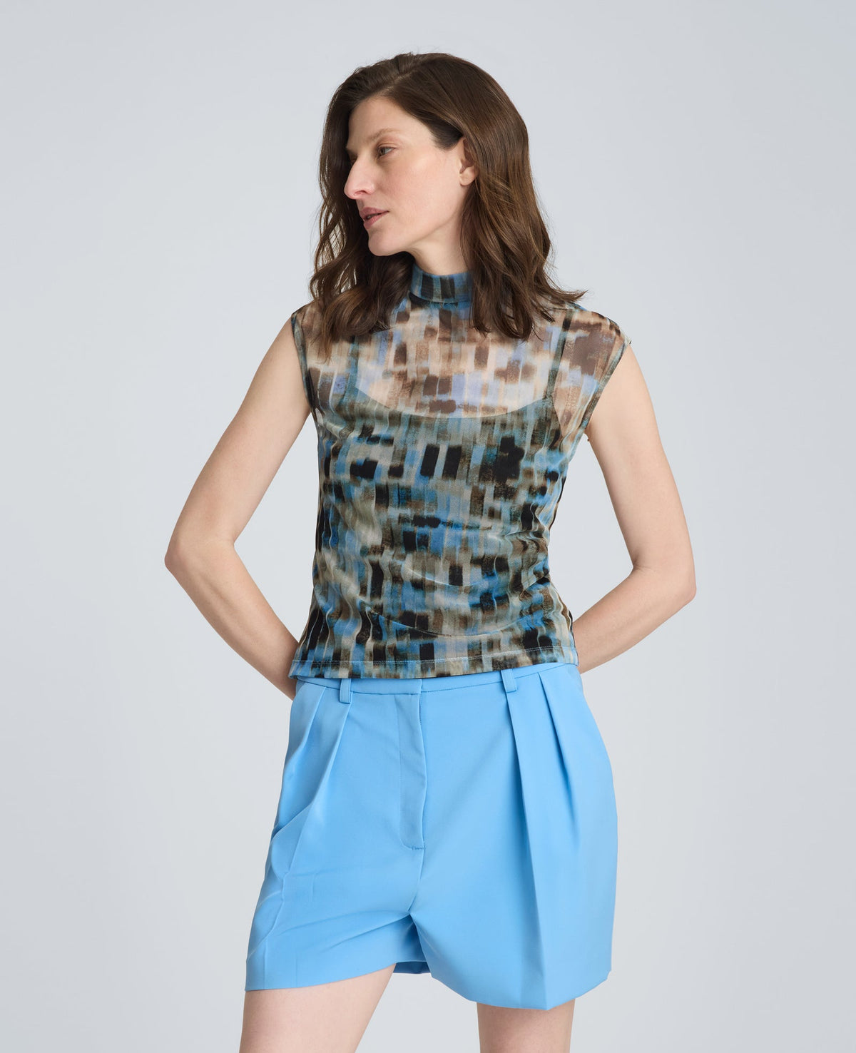 Mock Neck Tank with Interior Tank | Kenneth Cole LAKE BLUE MULTI