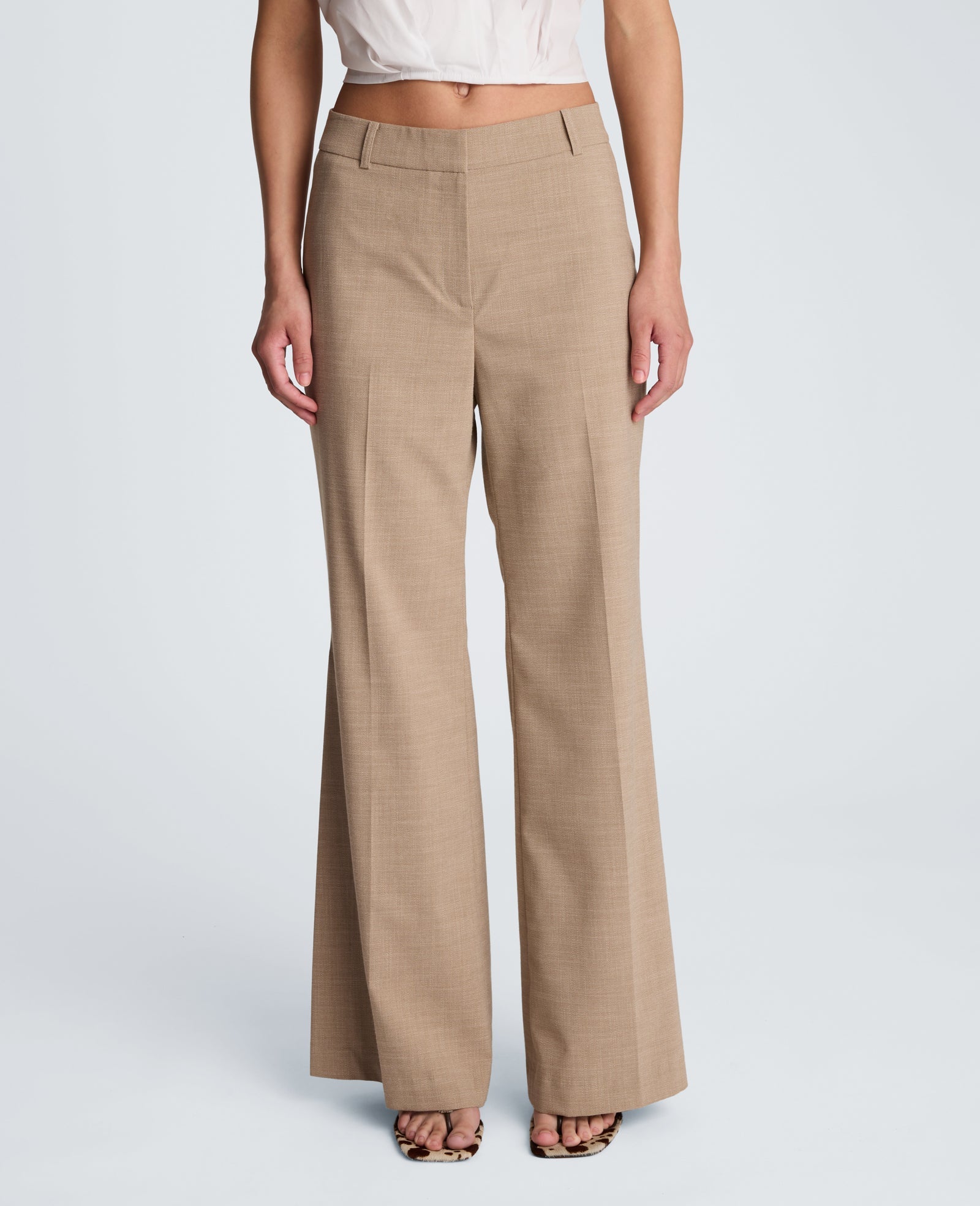 Crosshatch Fly Front Mid Rise Flare Pant | Kenneth Cole TIMELESS TAUPE/PURE WHITE