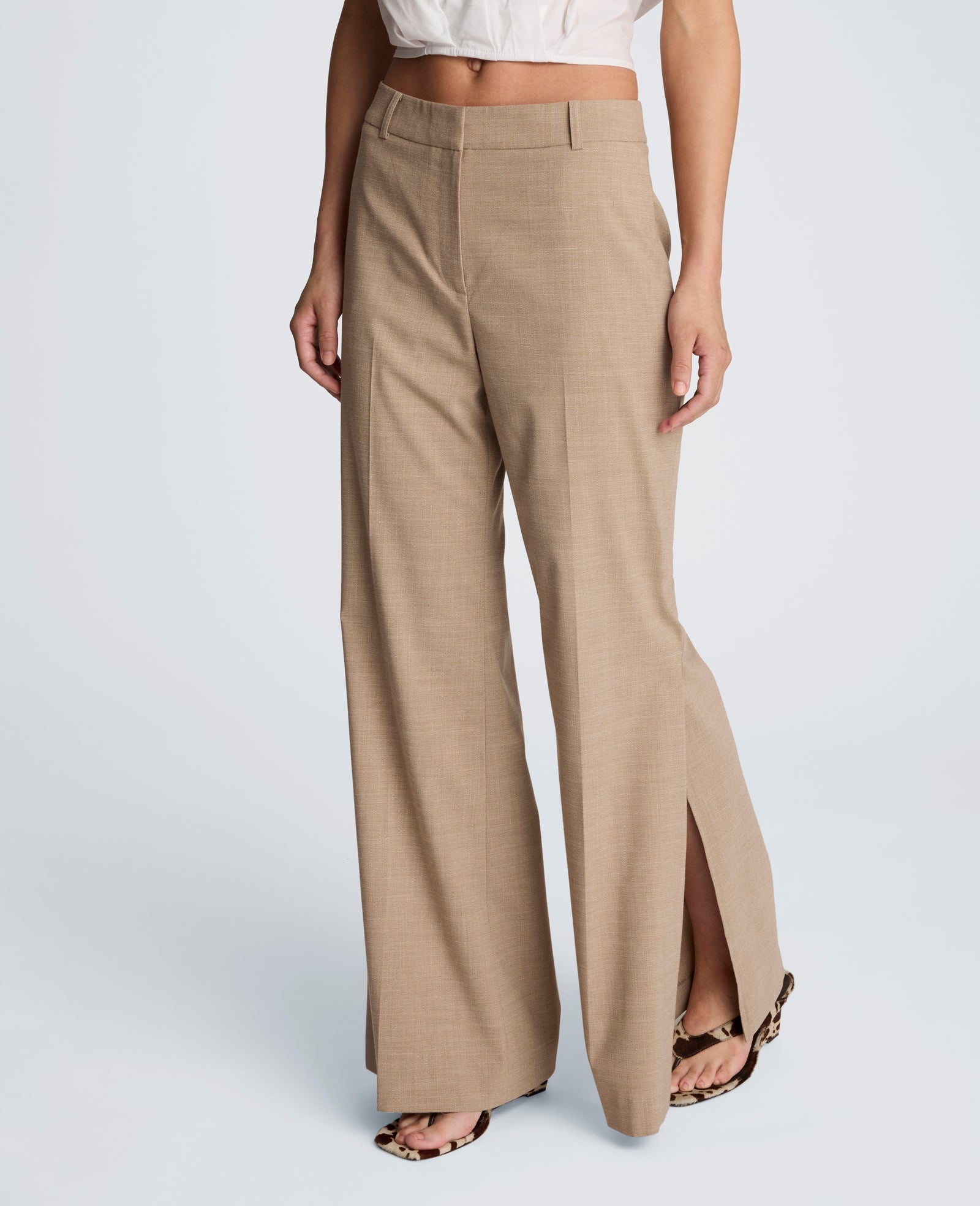 Crosshatch Fly Front Mid Rise Flare Pant | Kenneth Cole TIMELESS TAUPE/PURE WHITE