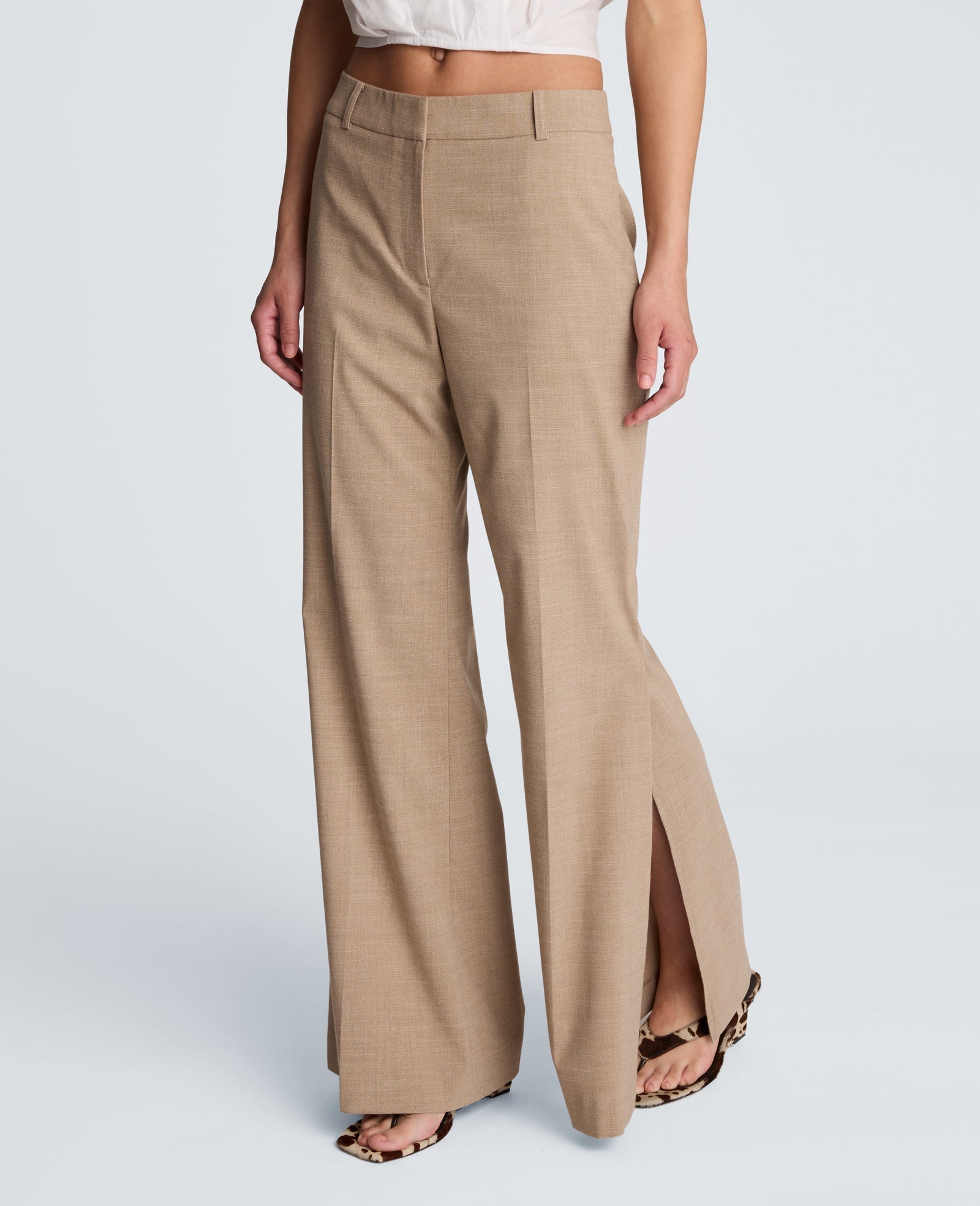 Crosshatch Fly Front Mid Rise Flare Pant | Kenneth Cole TIMELESS TAUPE/PURE WHITE