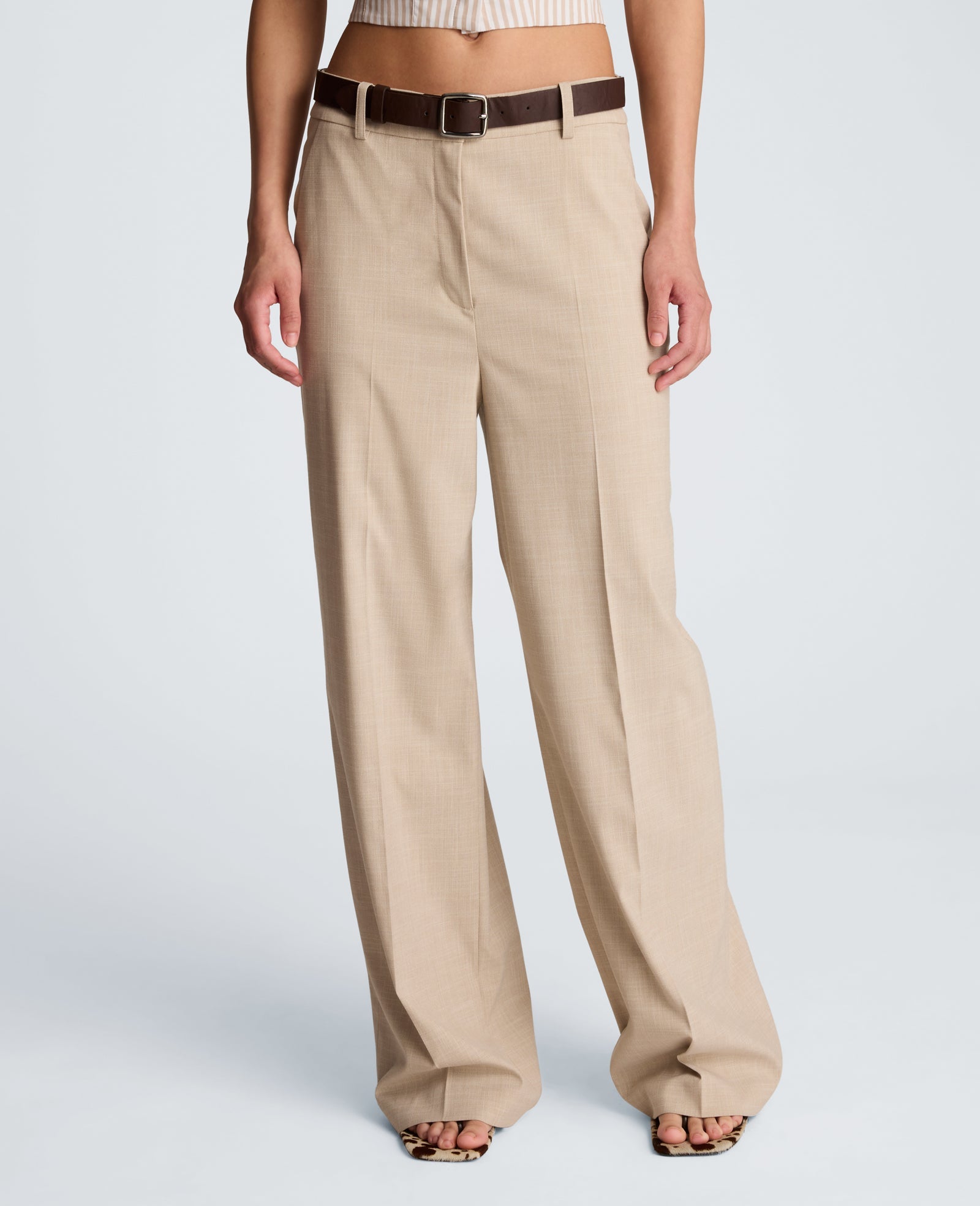 Crosshatch Fly Front High Rise Slash Pocket Wide Leg Pant with Belt | Kenneth Cole TIMELESS TAUPE/PURE WHITE
