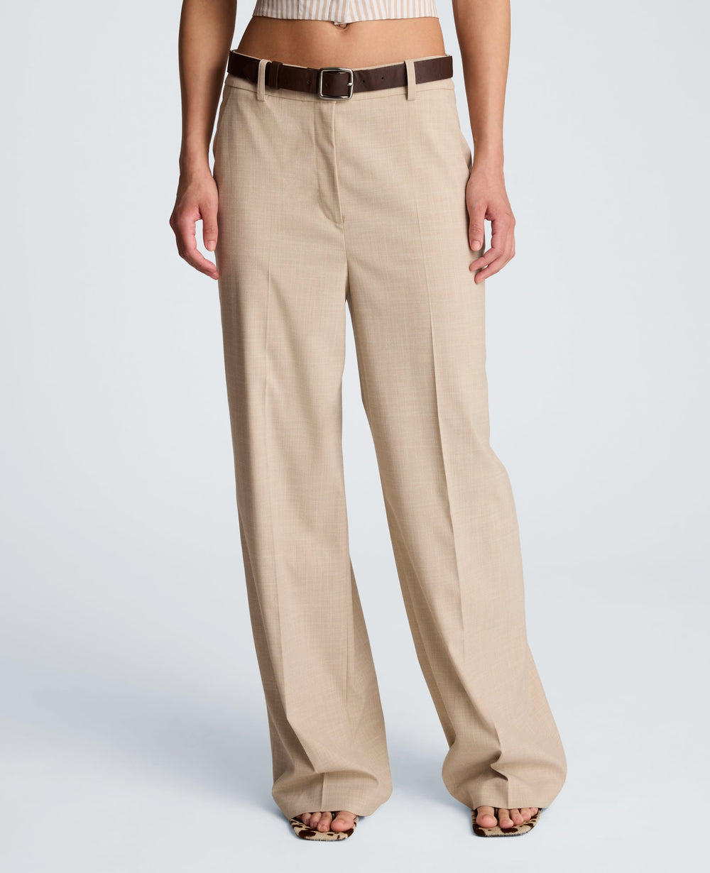 Crosshatch Fly Front High Rise Slash Pocket Wide Leg Pant with Belt | Kenneth Cole TIMELESS TAUPE/PURE WHITE