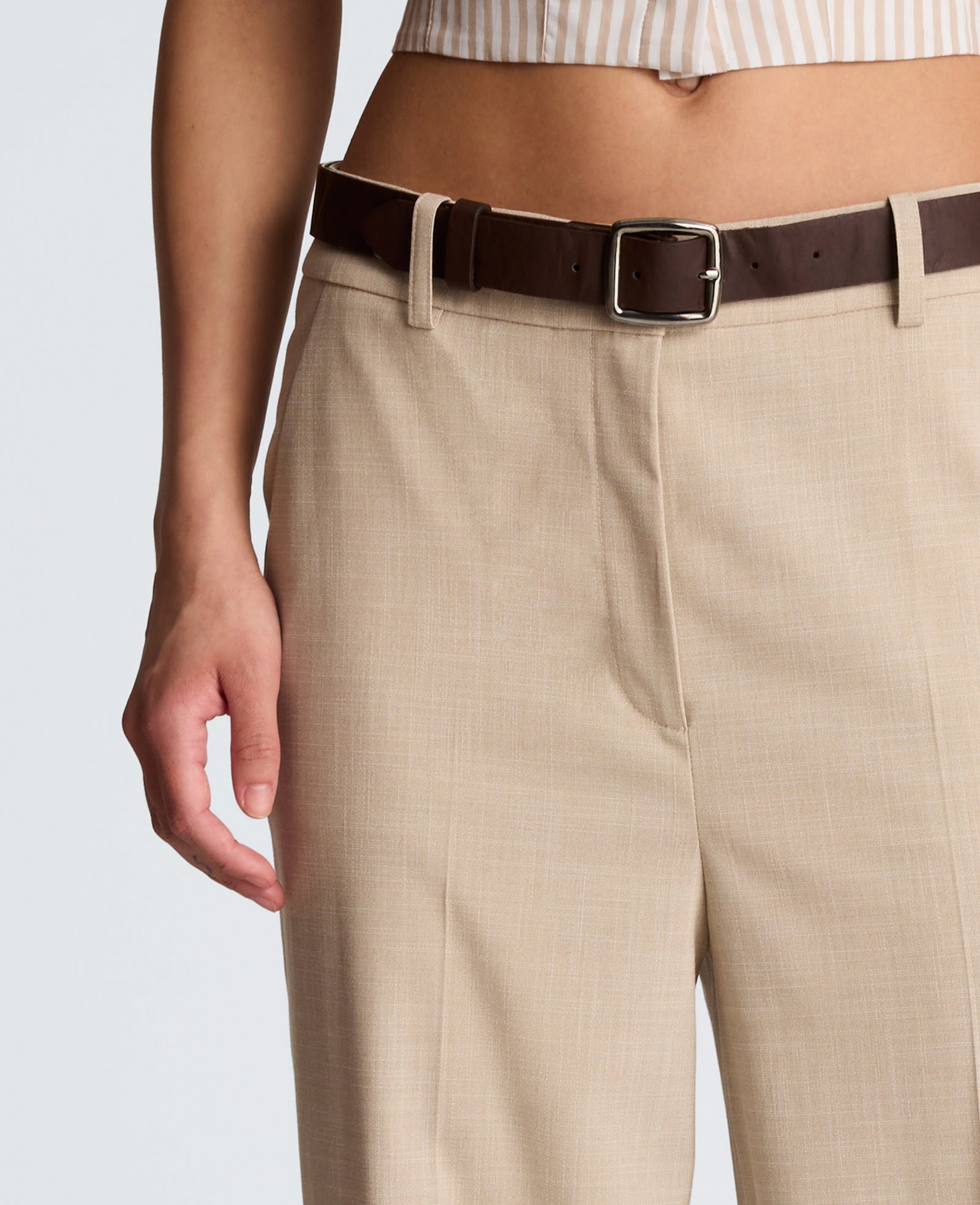 Crosshatch Fly Front High Rise Slash Pocket Wide Leg Pant with Belt | Kenneth Cole TIMELESS TAUPE/PURE WHITE