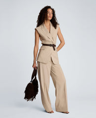 Crosshatch Fly Front High Rise Slash Pocket Wide Leg Pant with Belt | Kenneth Cole TIMELESS TAUPE/PURE WHITE