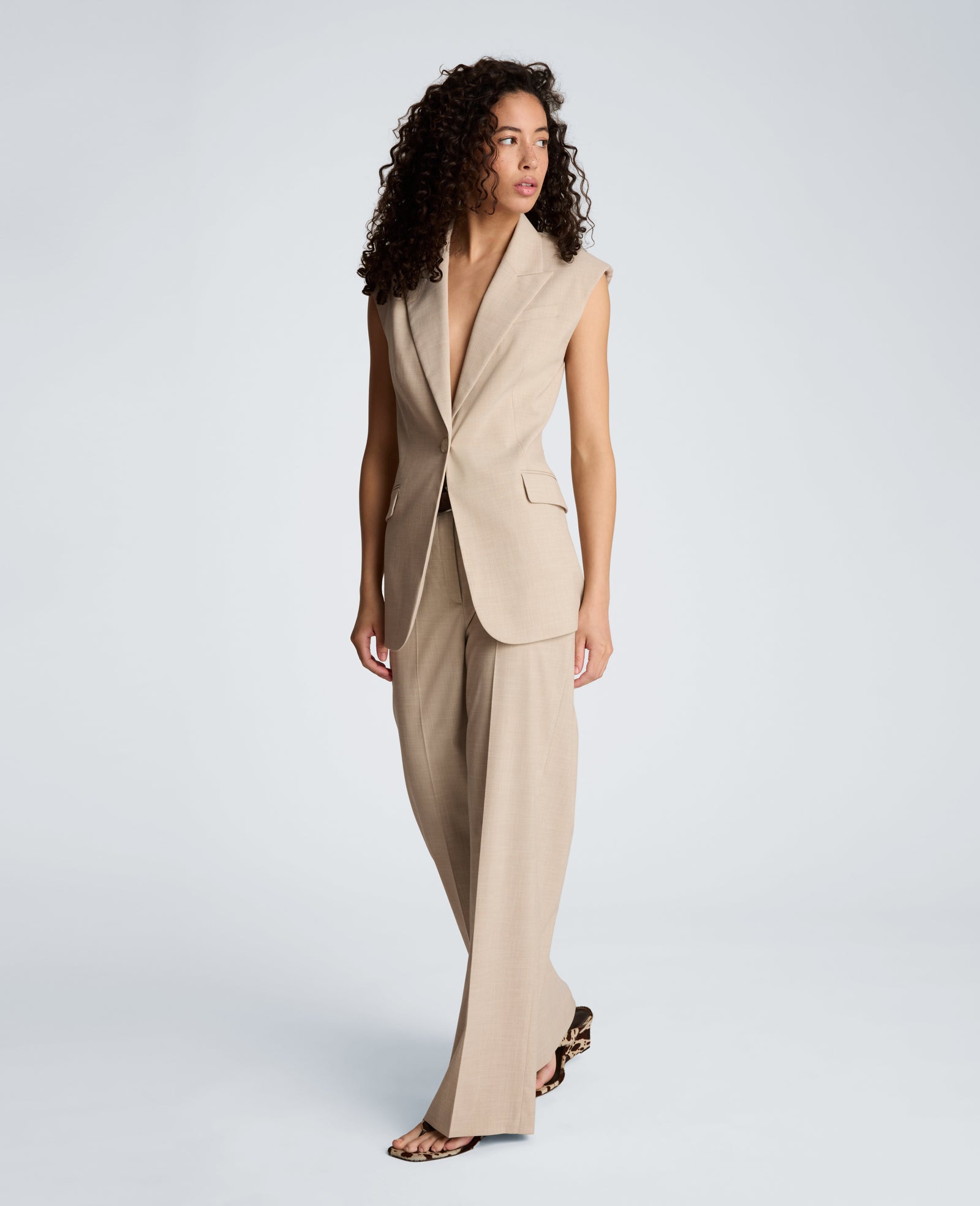 Crosshatch Fly Front High Rise Slash Pocket Wide Leg Pant with Belt | Kenneth Cole TIMELESS TAUPE/PURE WHITE
