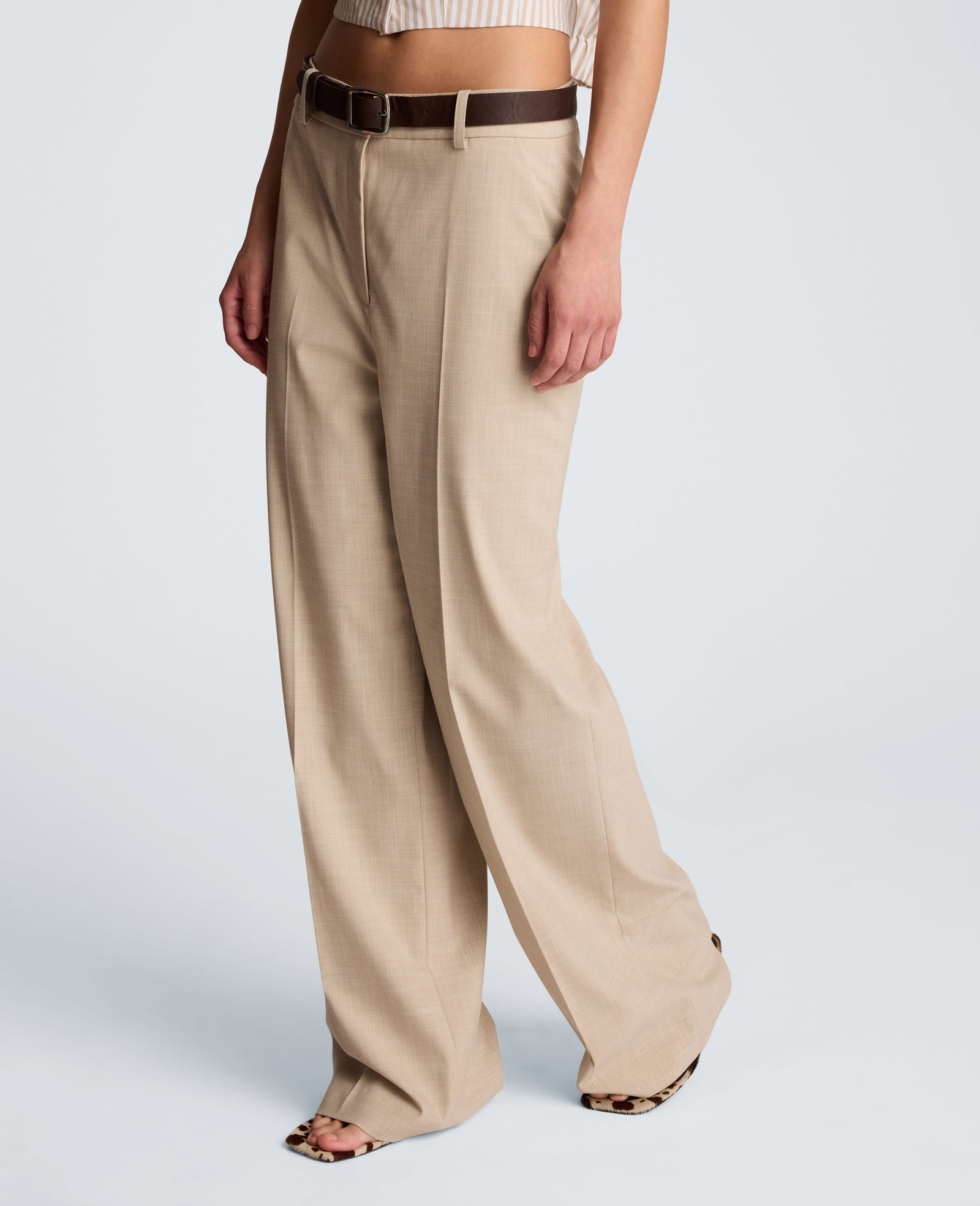 Crosshatch Fly Front High Rise Slash Pocket Wide Leg Pant with Belt | Kenneth Cole TIMELESS TAUPE/PURE WHITE