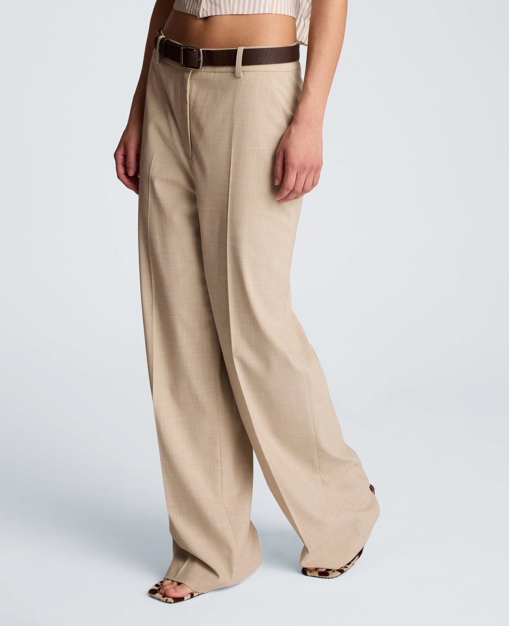 Crosshatch Fly Front High Rise Slash Pocket Wide Leg Pant with Belt | Kenneth Cole TIMELESS TAUPE/PURE WHITE