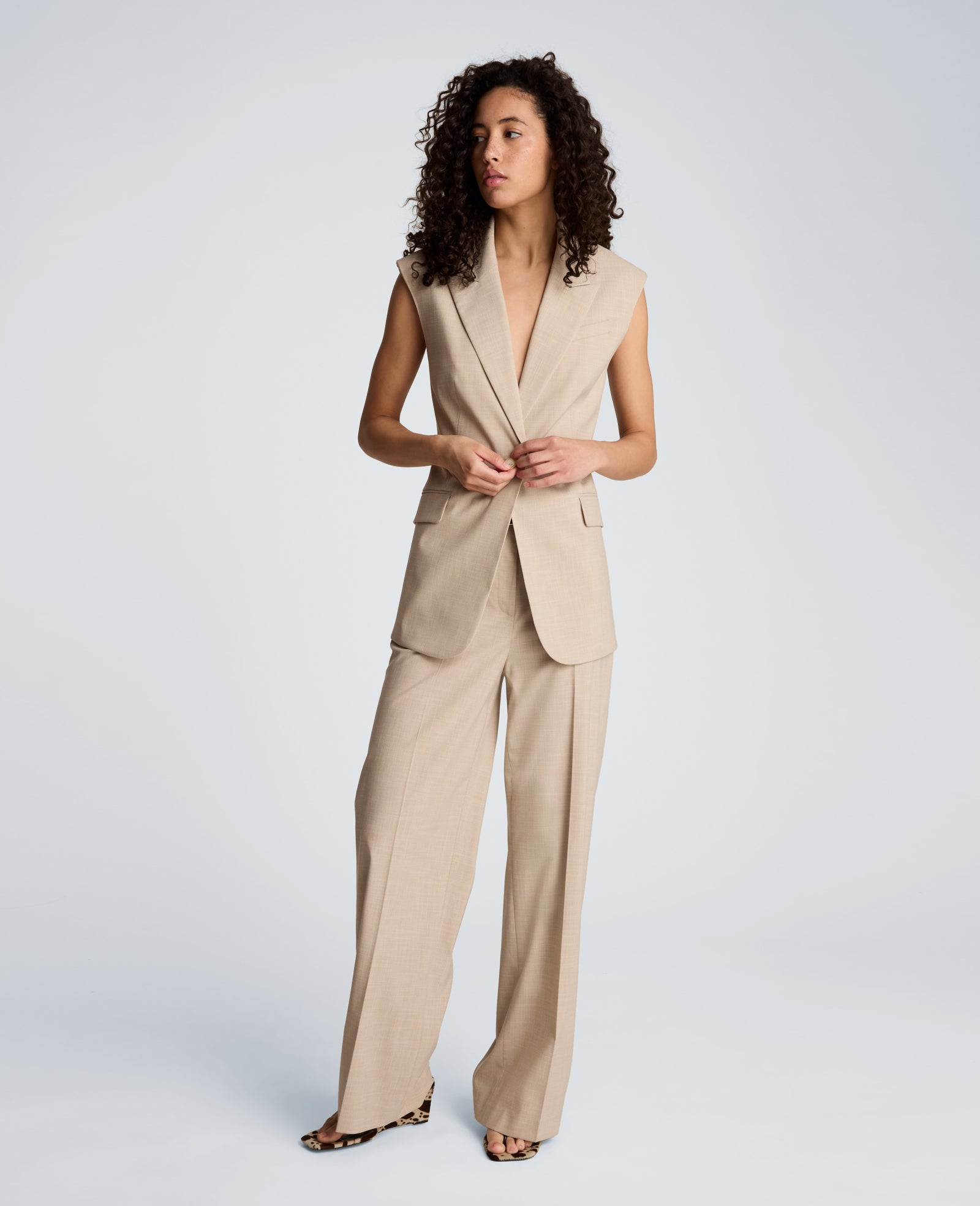 Crosshatch Fly Front High Rise Slash Pocket Wide Leg Pant with Belt | Kenneth Cole TIMELESS TAUPE/PURE WHITE