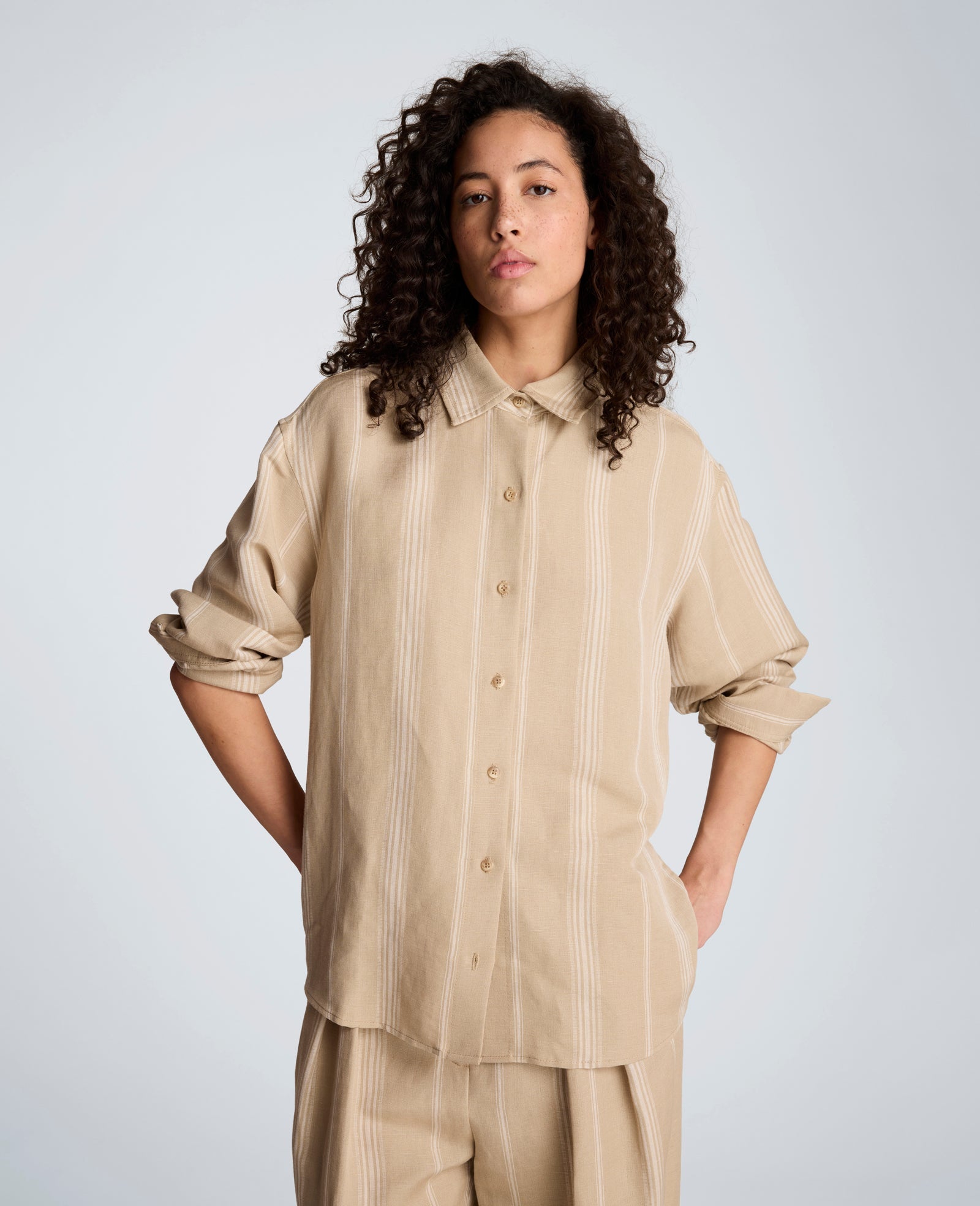 Striped Drop Shoulder Button Front Boyfriend Linen Shirt | Kenneth Cole TIMELESS TAUPE/PURE WHITE