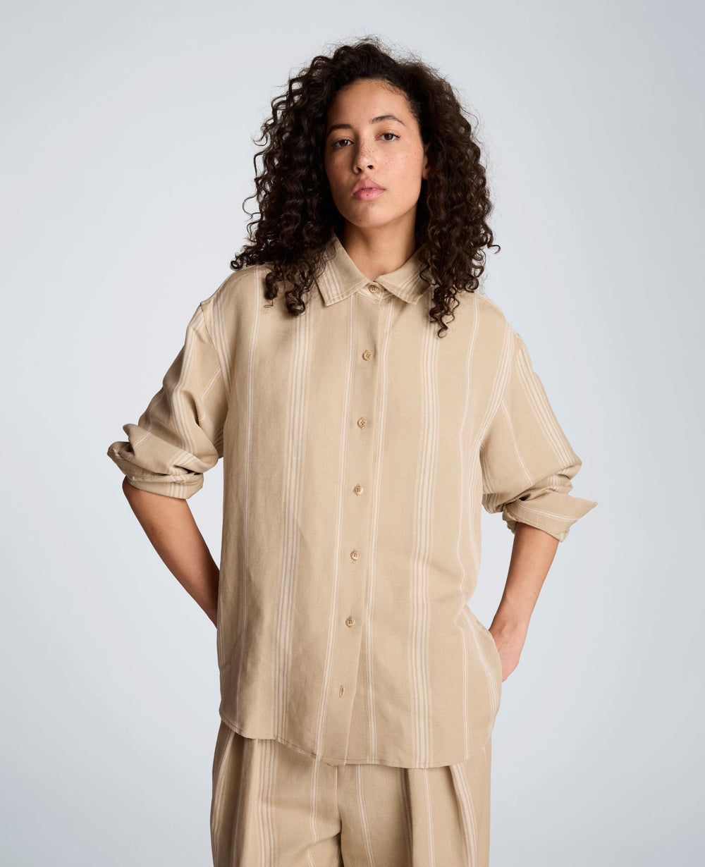 Striped Drop Shoulder Button Front Boyfriend Linen Shirt | Kenneth Cole TIMELESS TAUPE/PURE WHITE