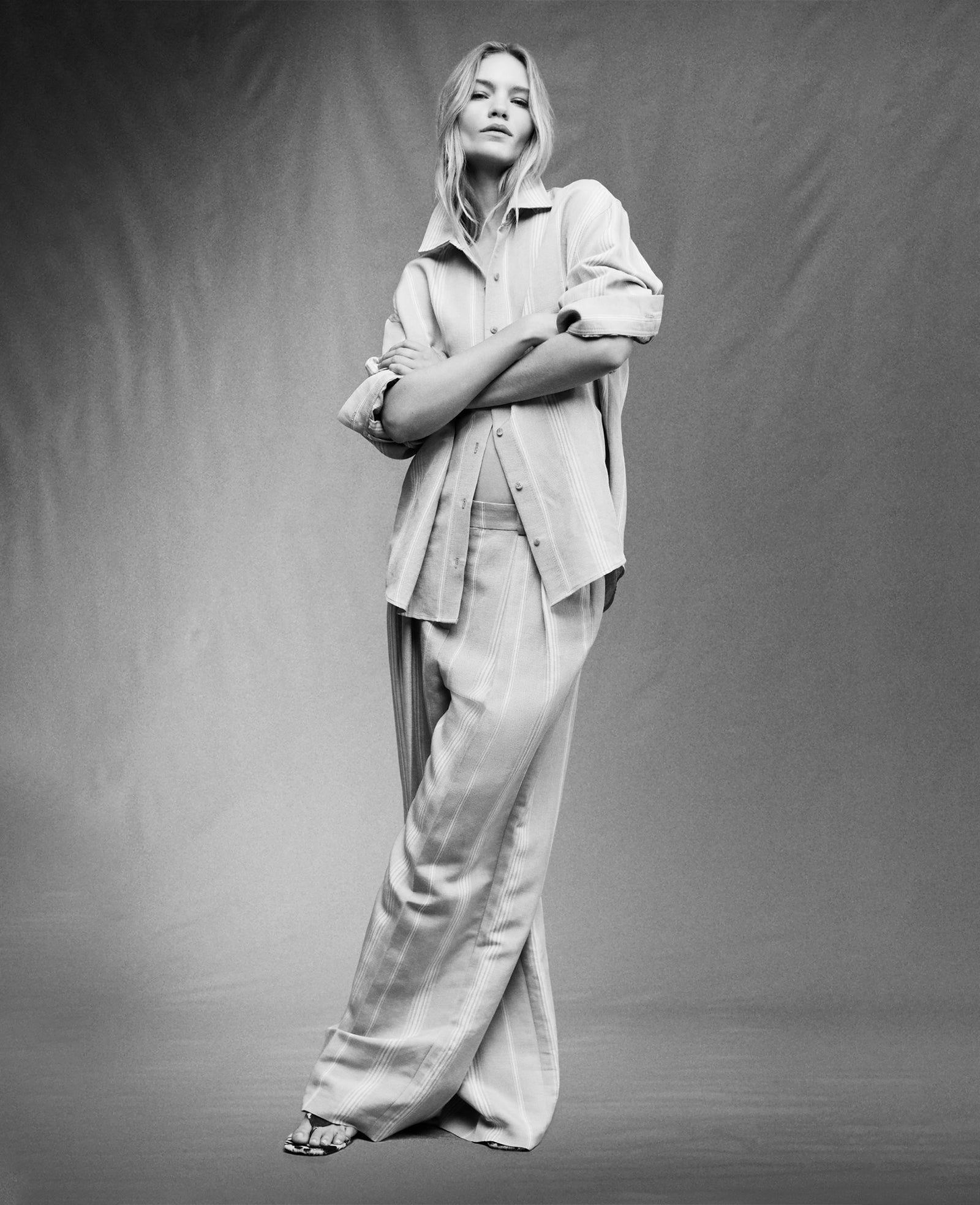 Striped Drop Shoulder Button Front Boyfriend Linen Shirt | Kenneth Cole TIMELESS TAUPE/PURE WHITE