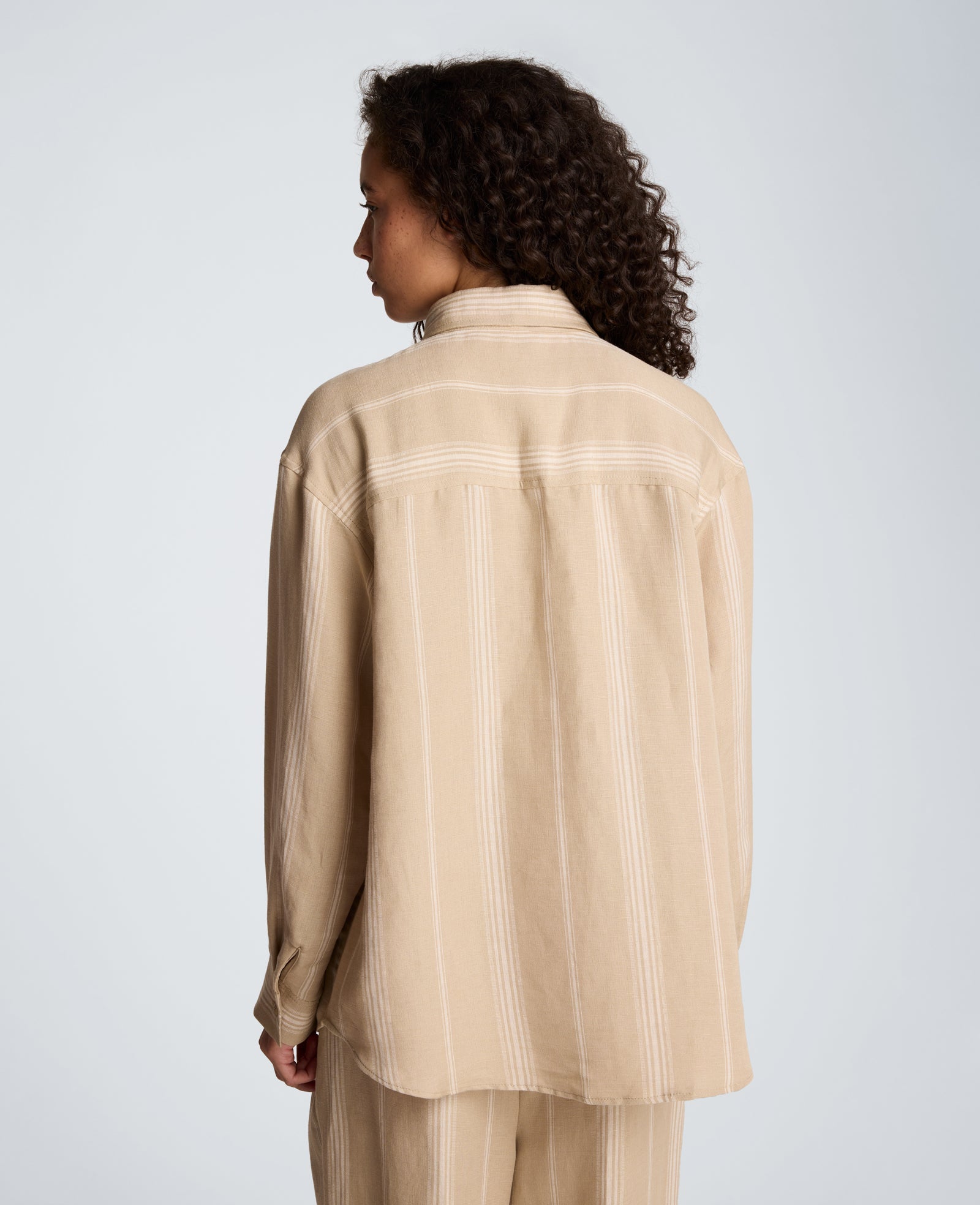 Striped Drop Shoulder Button Front Boyfriend Linen Shirt | Kenneth Cole TIMELESS TAUPE/PURE WHITE