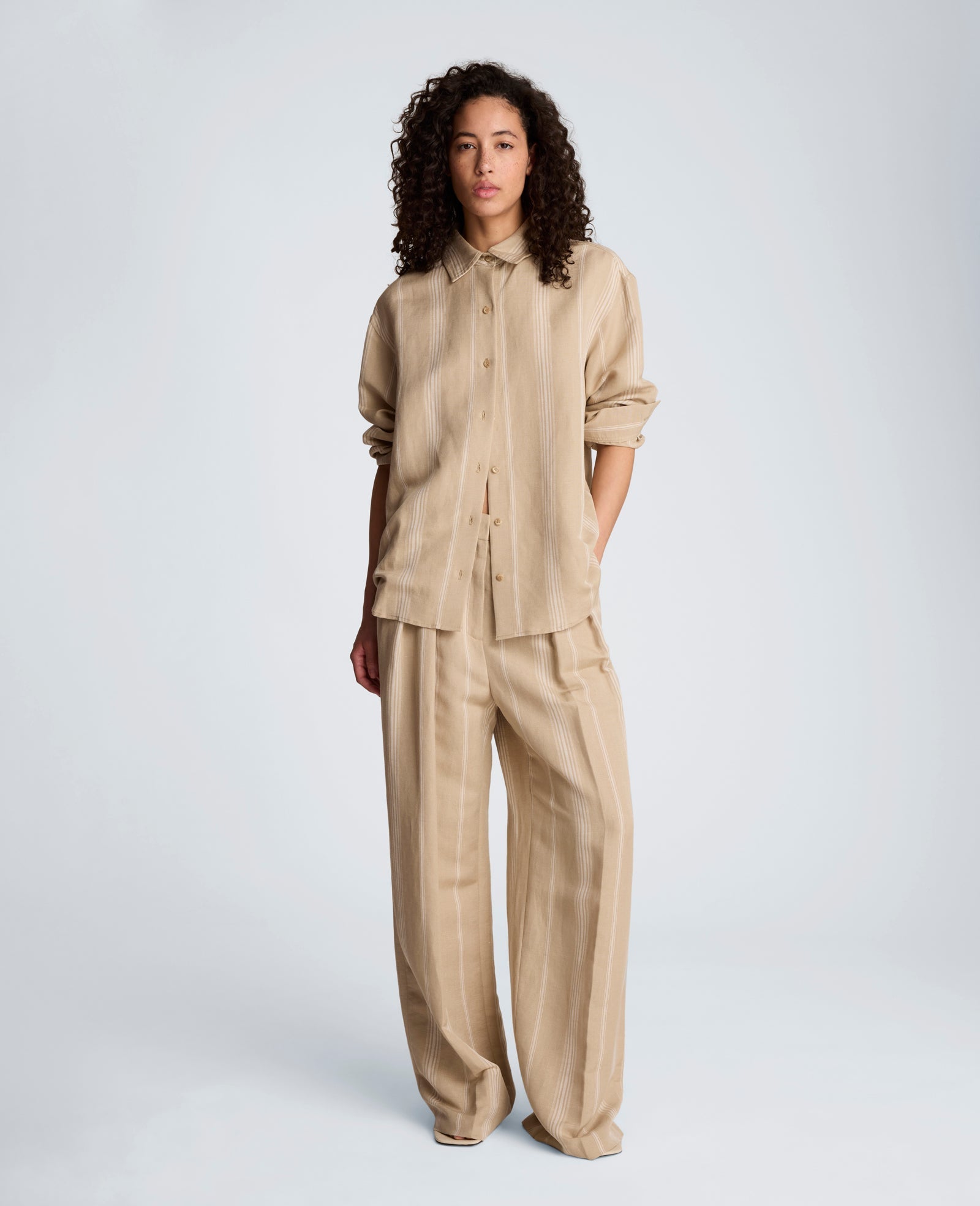 Striped Drop Shoulder Button Front Boyfriend Linen Shirt | Kenneth Cole TIMELESS TAUPE/PURE WHITE