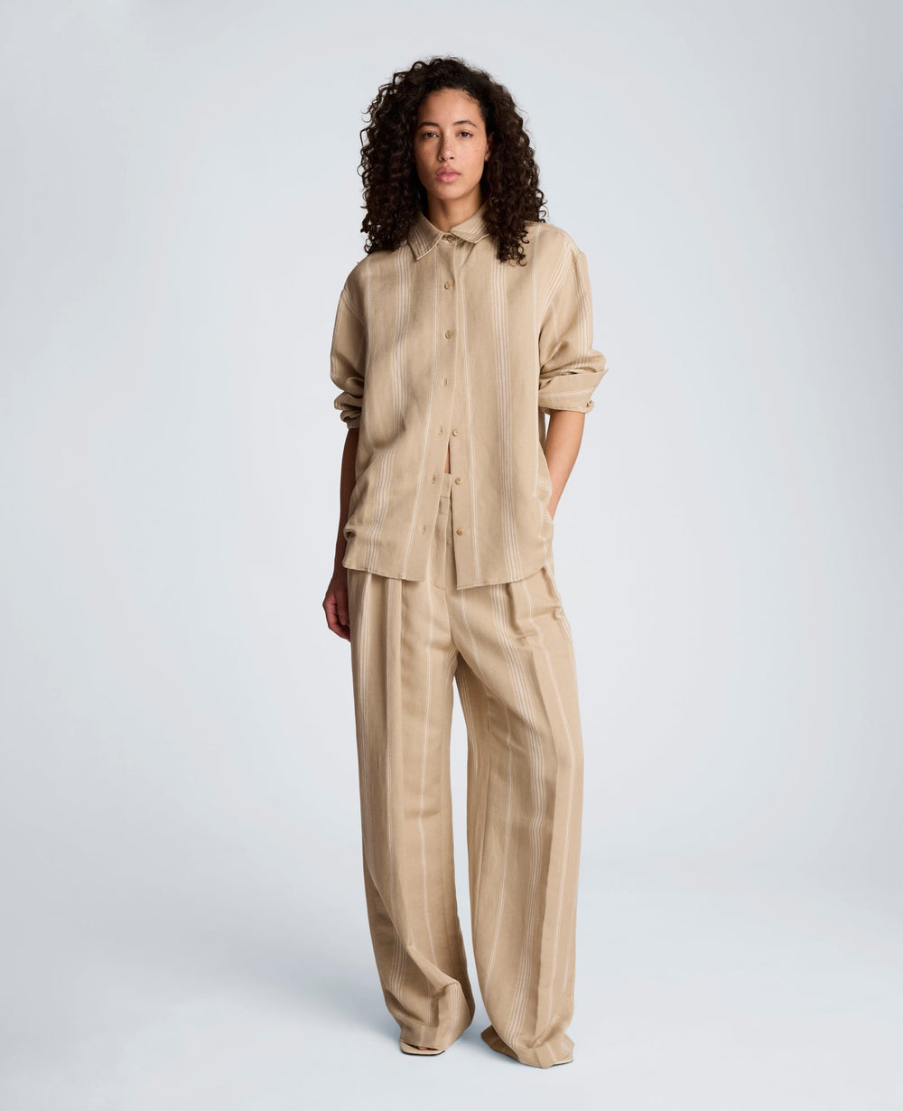 Striped Drop Shoulder Button Front Boyfriend Linen Shirt | Kenneth Cole TIMELESS TAUPE/PURE WHITE