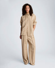 Striped Drop Shoulder Button Front Boyfriend Linen Shirt | Kenneth Cole TIMELESS TAUPE/PURE WHITE