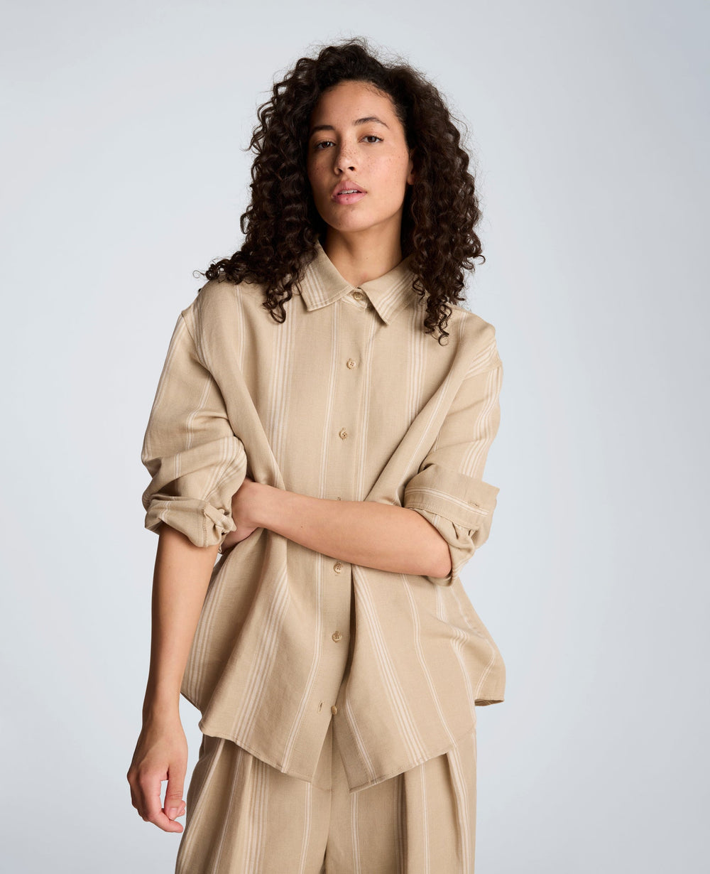 Striped Drop Shoulder Button Front Boyfriend Linen Shirt | Kenneth Cole TIMELESS TAUPE/PURE WHITE