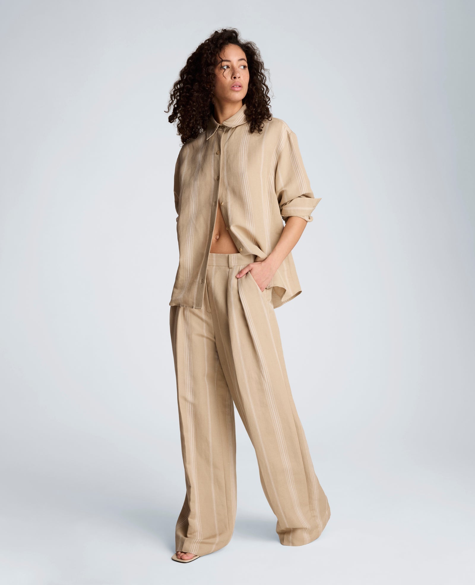 Striped Drop Shoulder Button Front Boyfriend Linen Shirt | Kenneth Cole TIMELESS TAUPE/PURE WHITE
