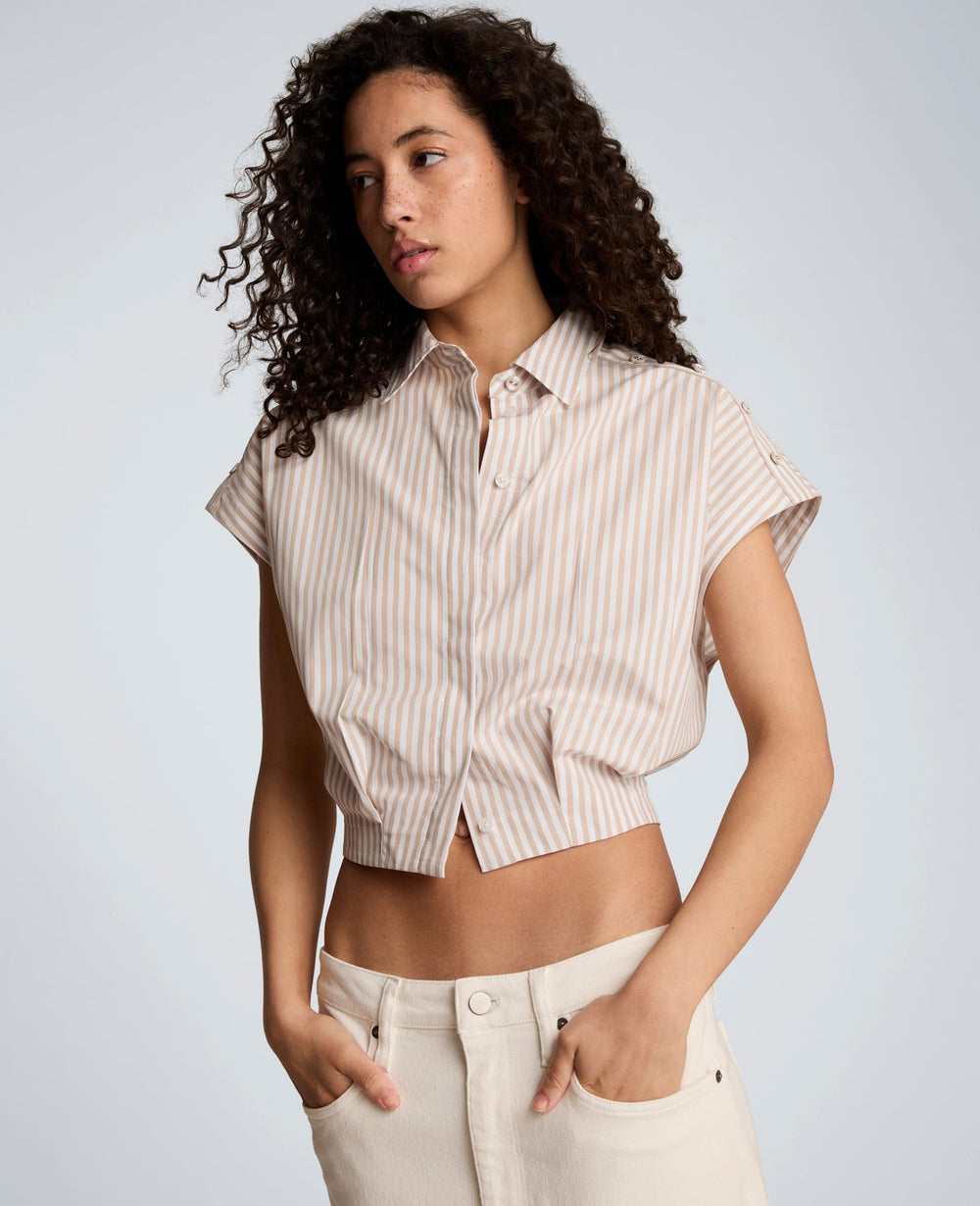 Striped Short Sleeve Cropped Button Front Shirt with Placket Shoulder | Kenneth Cole TIMELESS TAUPE/PURE WHITE