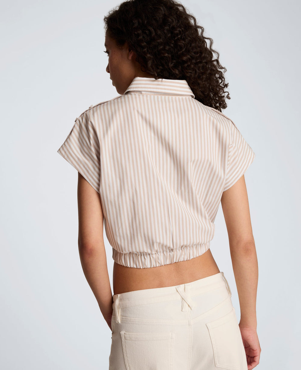 Striped Short Sleeve Cropped Button Front Shirt with Placket Shoulder | Kenneth Cole TIMELESS TAUPE/PURE WHITE