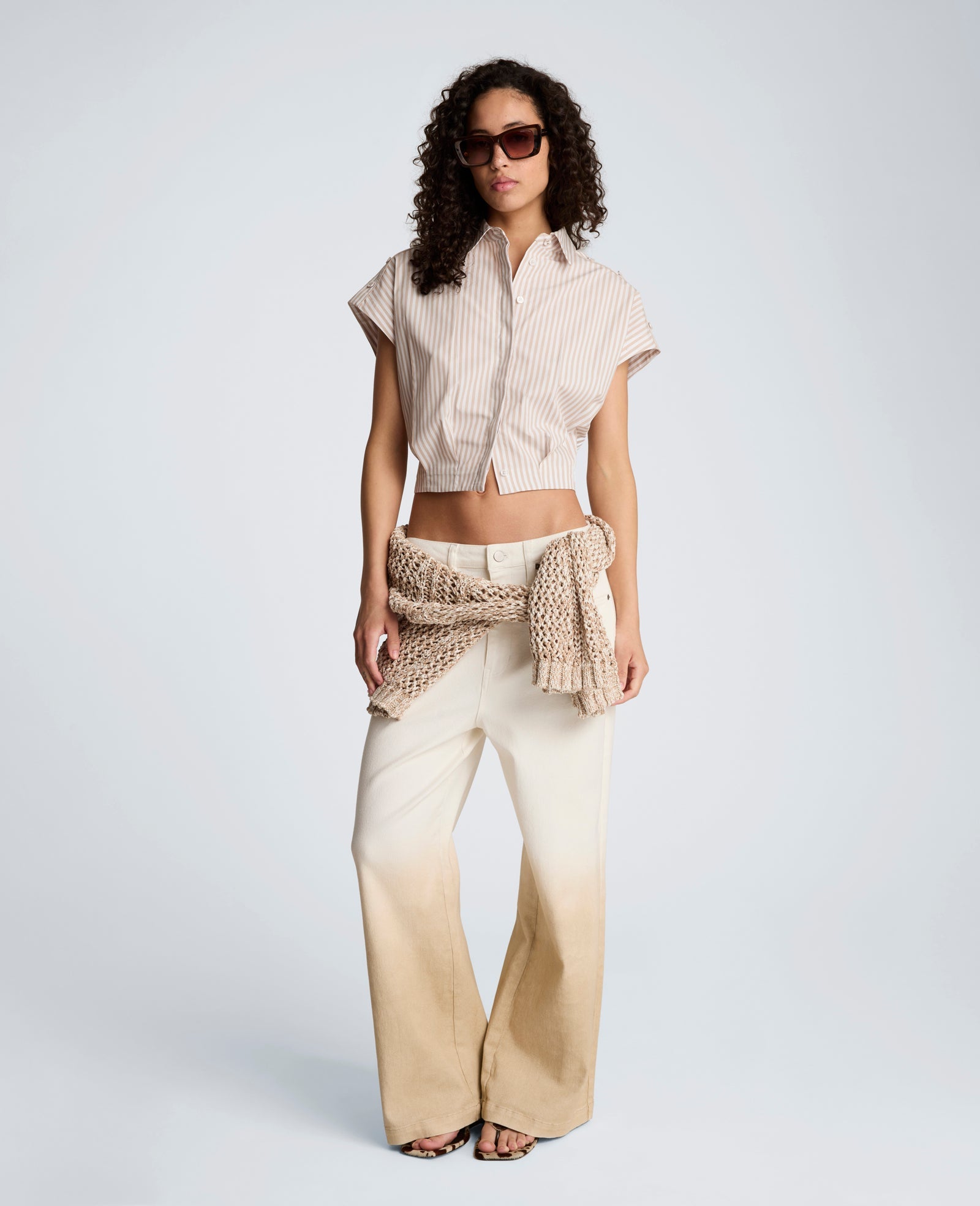 Striped Short Sleeve Cropped Button Front Shirt with Placket Shoulder | Kenneth Cole TIMELESS TAUPE/PURE WHITE