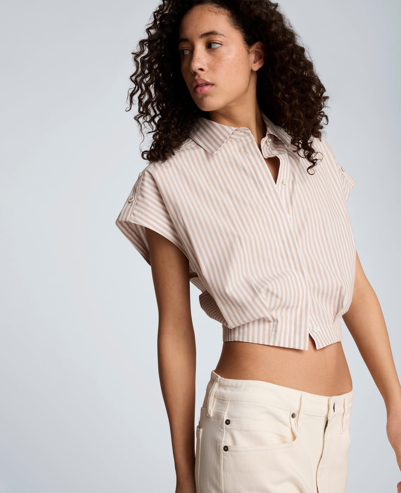 Striped Short Sleeve Cropped Button Front Shirt with Placket Shoulder | Kenneth Cole TIMELESS TAUPE/PURE WHITE