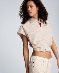 Striped Short Sleeve Cropped Button Front Shirt with Placket Shoulder | Kenneth Cole TIMELESS TAUPE/PURE WHITE