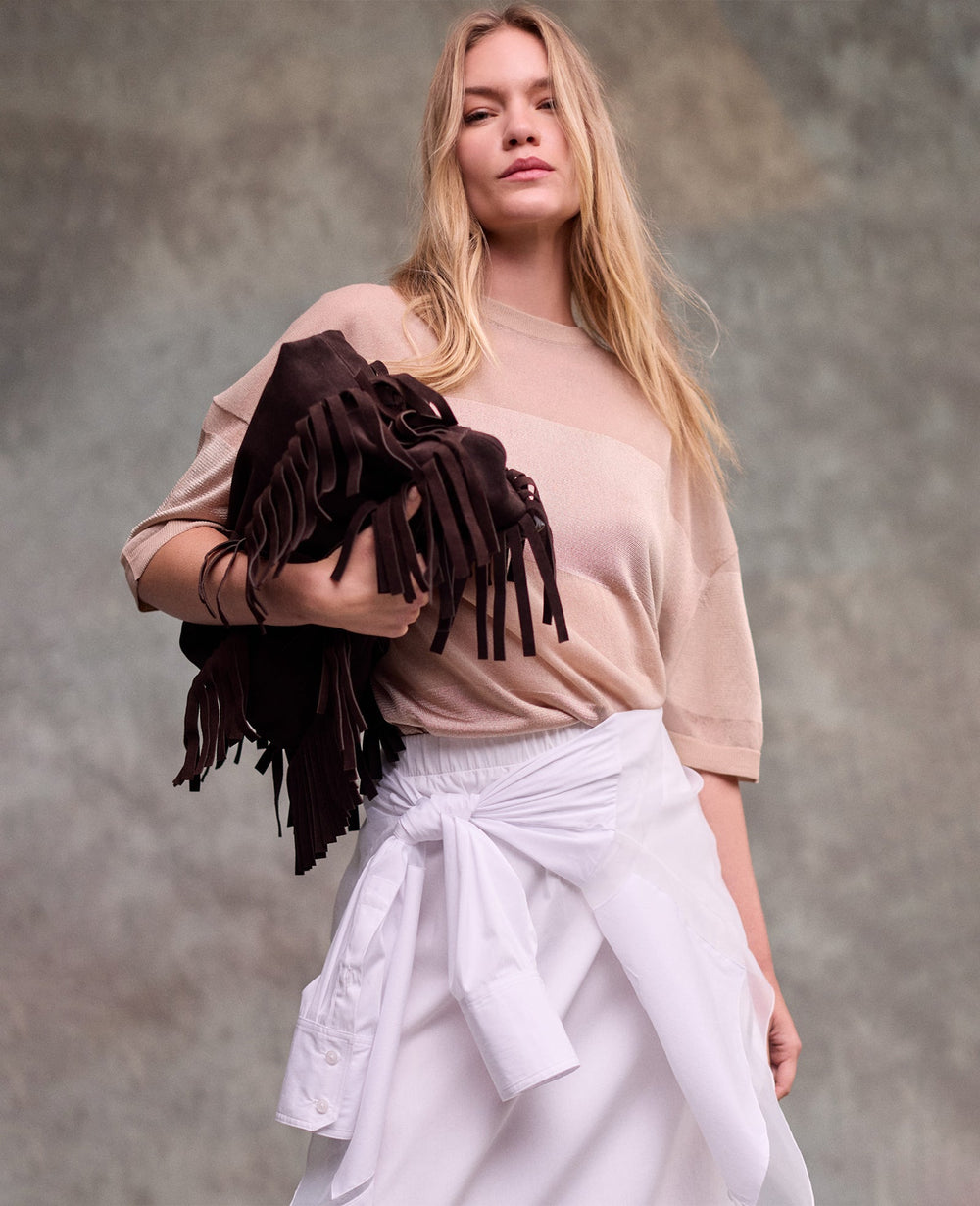 Shiny Semi Sheer Stripe Crew Neck | Kenneth Cole TIMELESS TAUPE