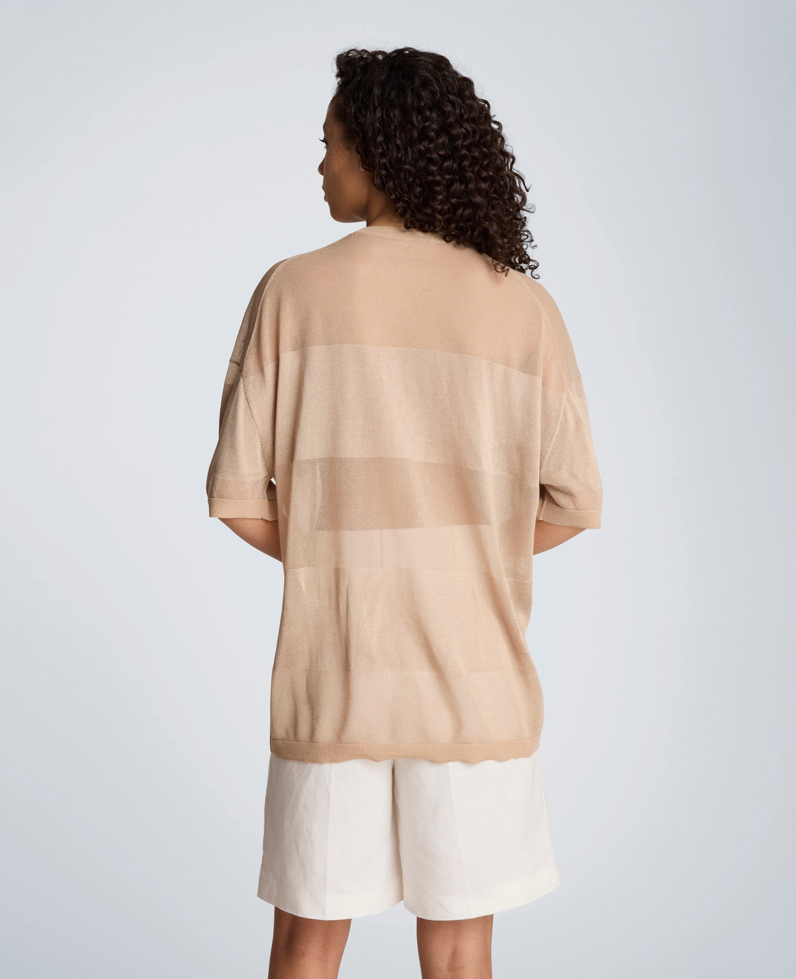 Shiny Semi Sheer Stripe Crew Neck | Kenneth Cole TIMELESS TAUPE