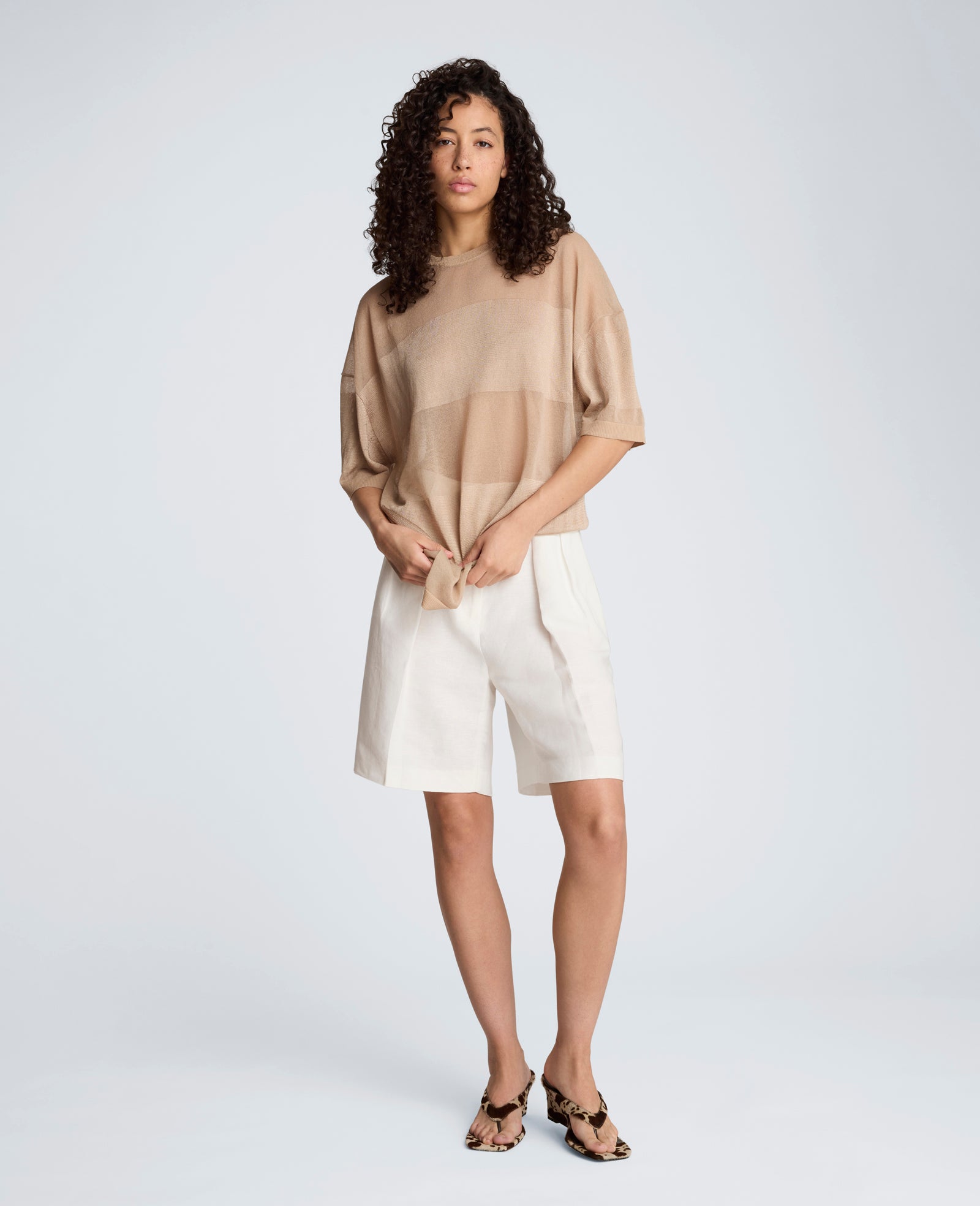 Shiny Semi Sheer Stripe Crew Neck | Kenneth Cole TIMELESS TAUPE