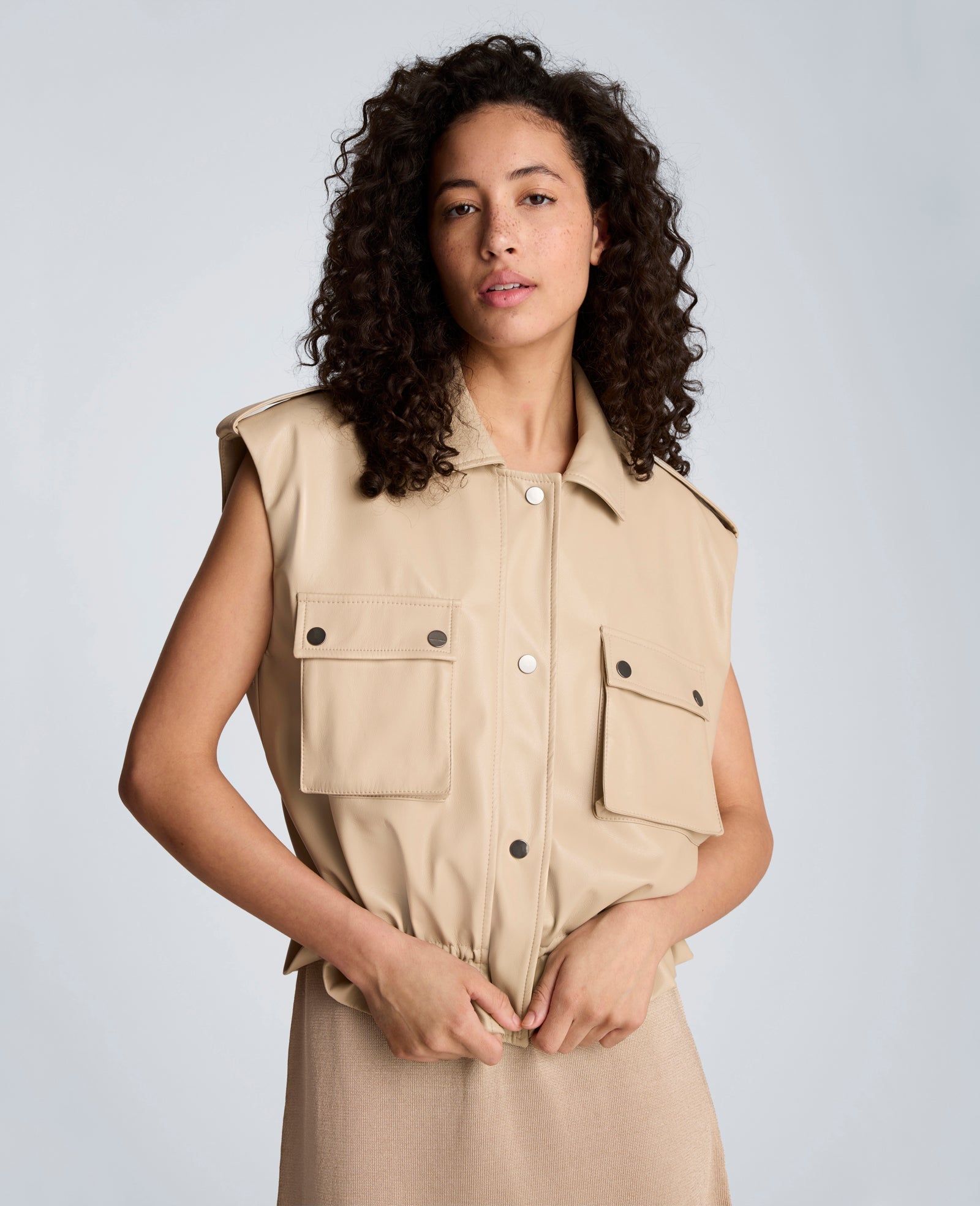 Faux Leather Snap Front Jacket with Drawcord Waist | Kenneth Cole TIMELESS TAUPE