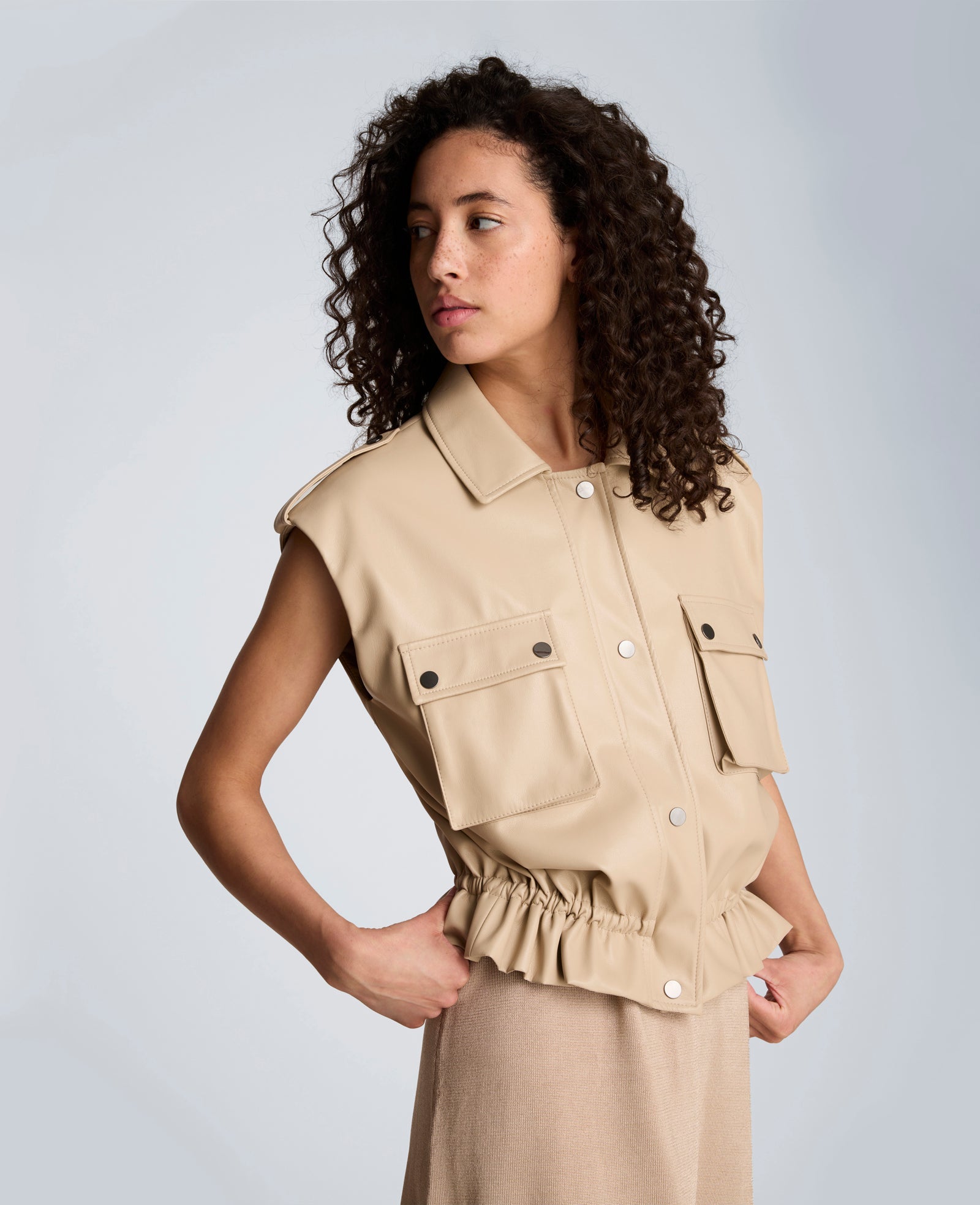 Faux Leather Snap Front Jacket with Drawcord Waist | Kenneth Cole TIMELESS TAUPE