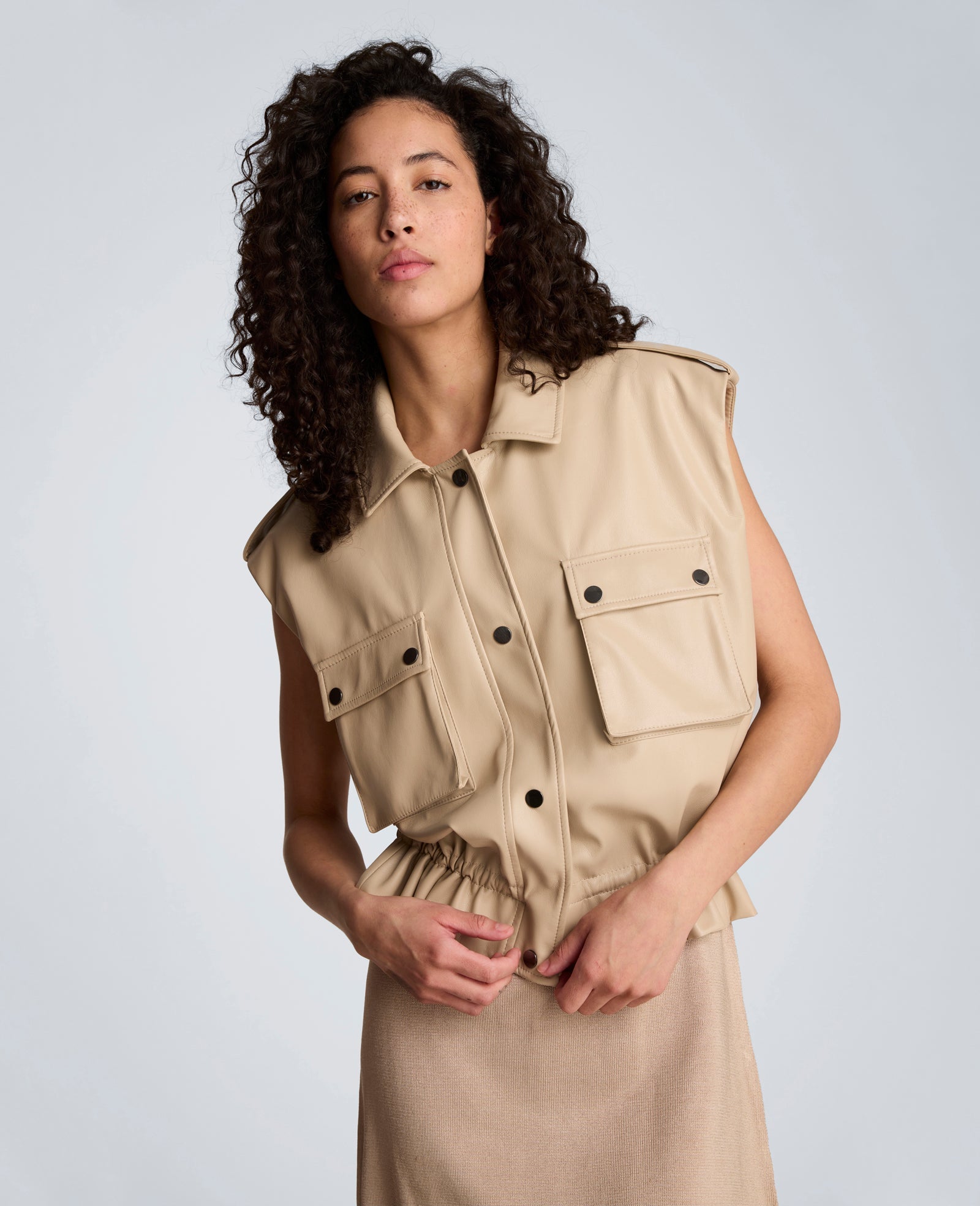Faux Leather Snap Front Jacket with Drawcord Waist | Kenneth Cole TIMELESS TAUPE