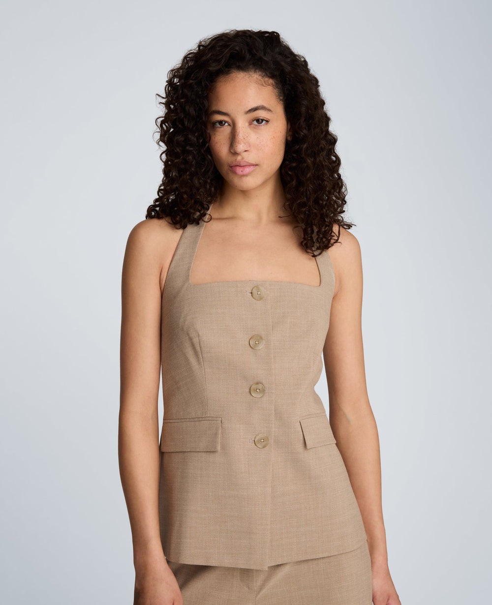 Crosshatch Weave Four Button Halter Vest with Flap Pockets | Kenneth Cole TIMELESS TAUPE