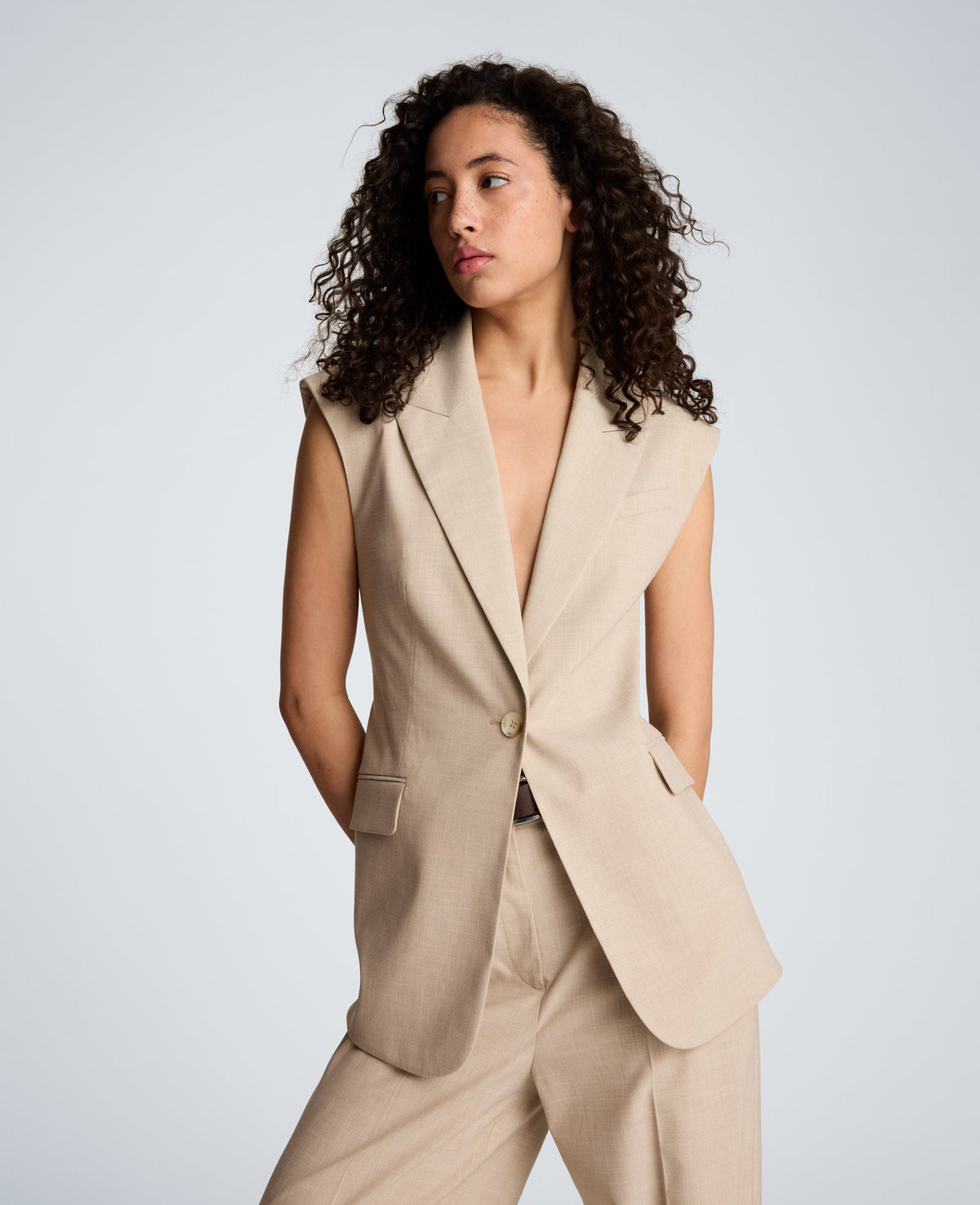 Crosshatch Weave Open Back Vest with Strap | Kenneth Cole TIMELESS TAUPE