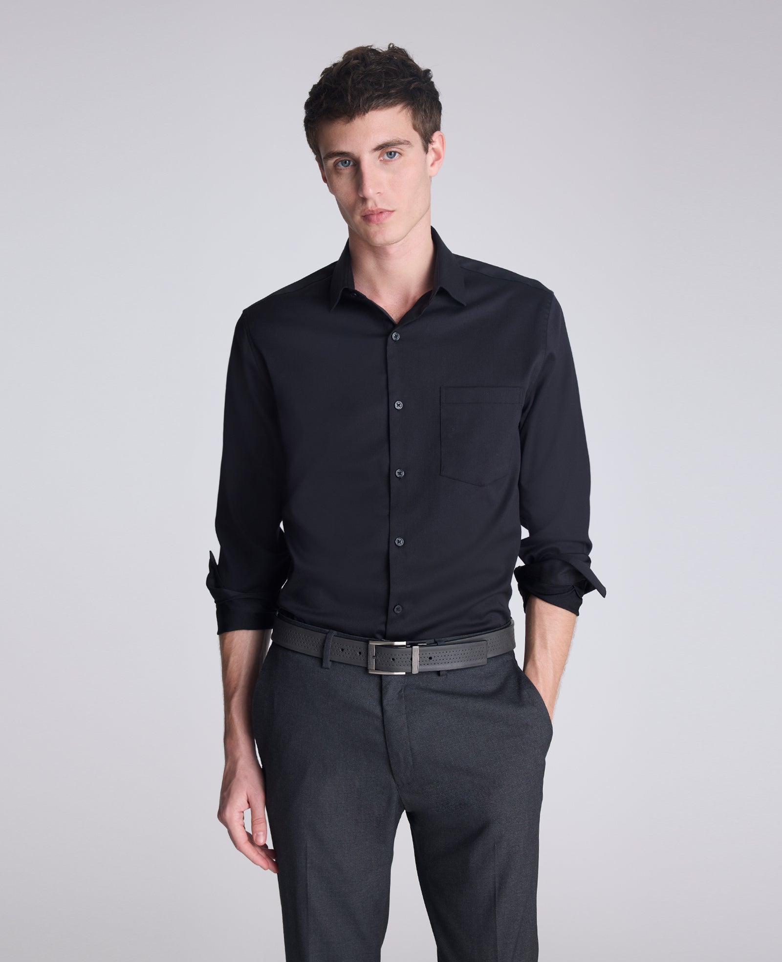 Buy Men's REACTION Slim-Fit Button-Down Dress Shirt, Black | Kenneth Cole BLACK