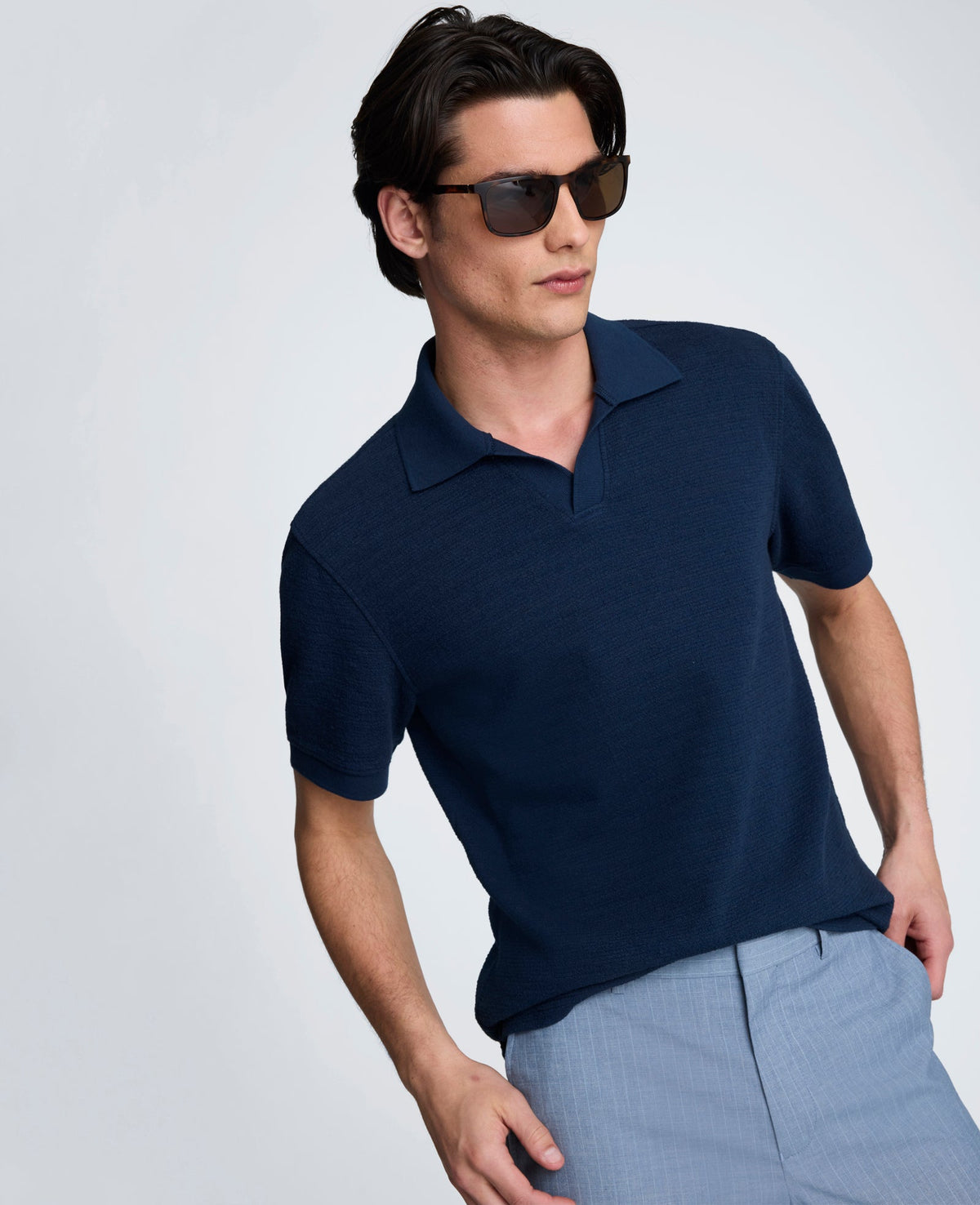 Short Sleeve Johnny Collar Polo with Ribbing | Kenneth Cole NAVY