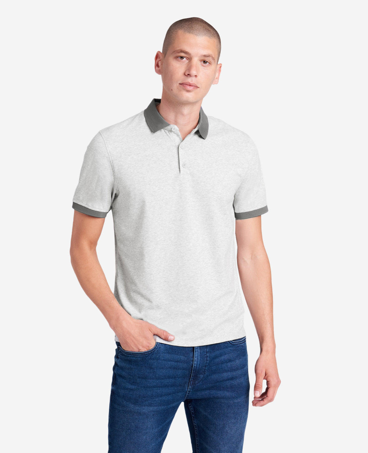 Heather Grey Polo with Colorblock Collar – 4-Way Stretch | Kenneth Cole HEATHER GREY