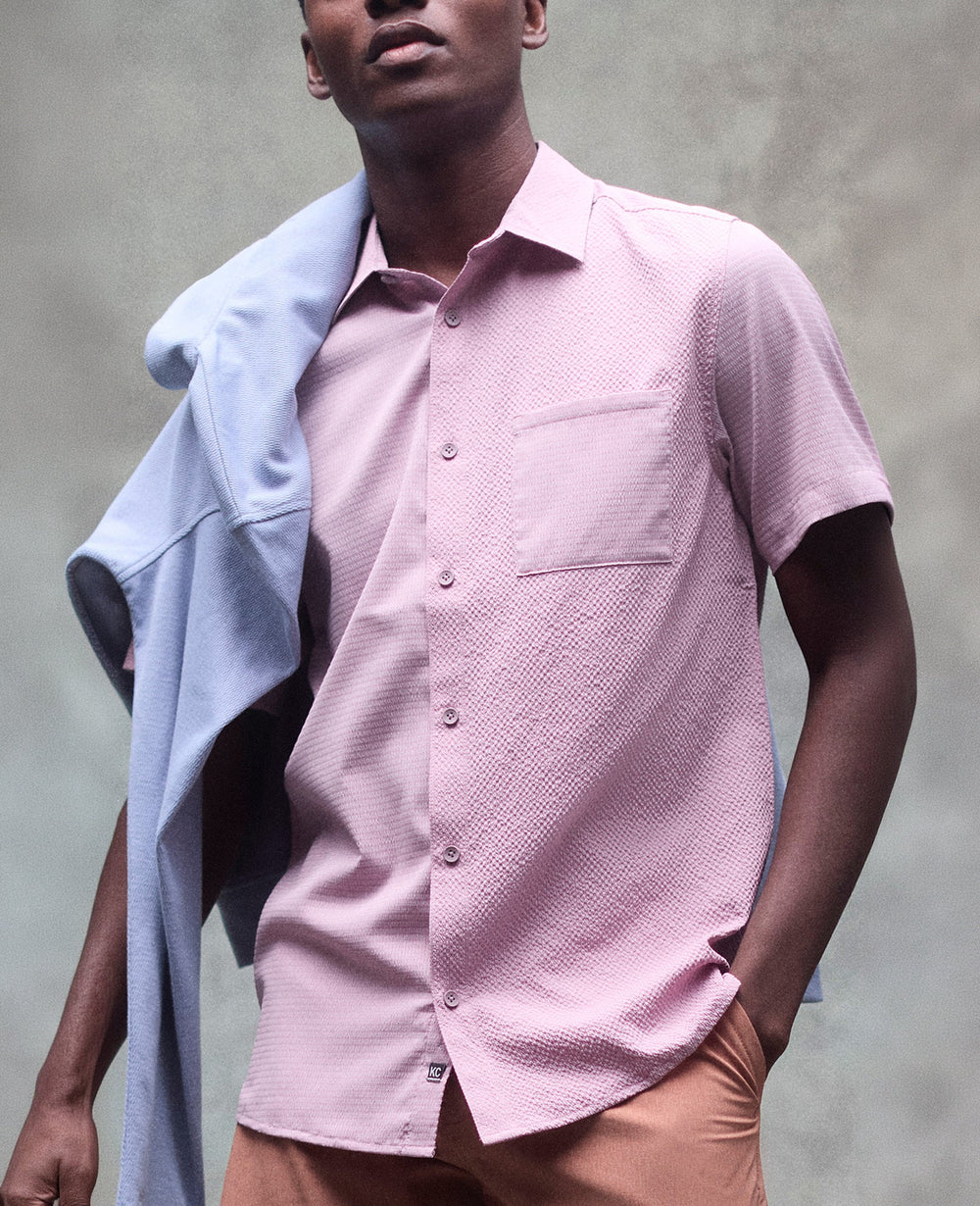 Slim Fit Short-Sleeve Mixed-Media Sport Shirt | Kenneth Cole MAUVE