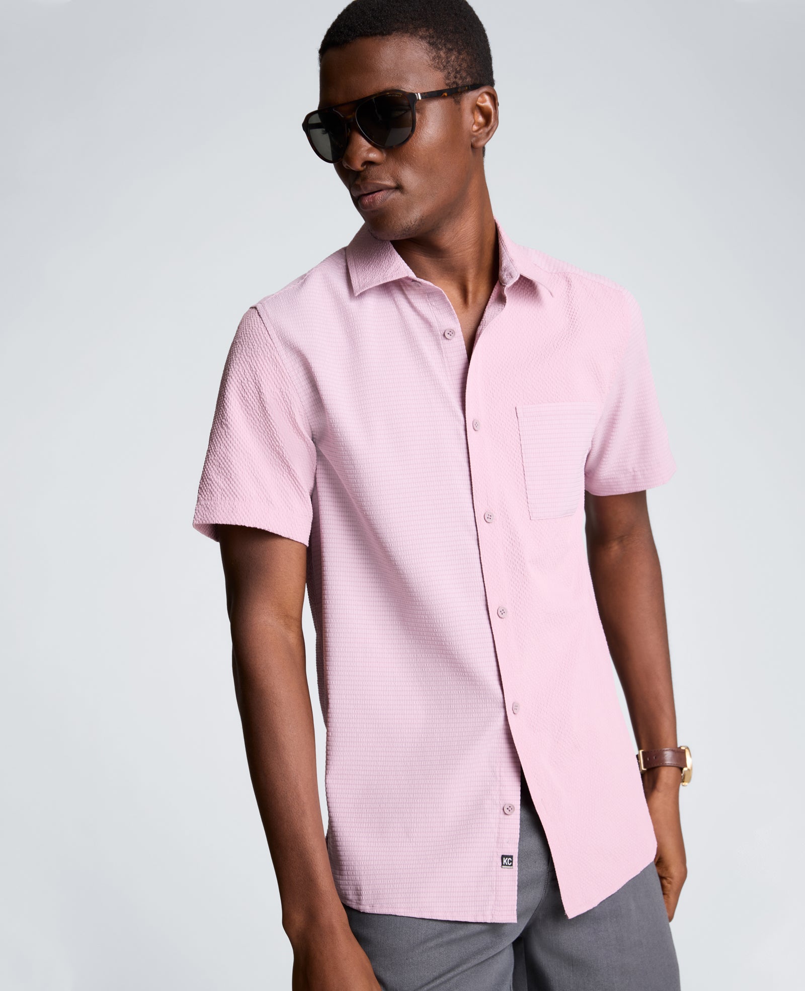 Slim Fit Short-Sleeve Mixed-Media Sport Shirt | Kenneth Cole MAUVE