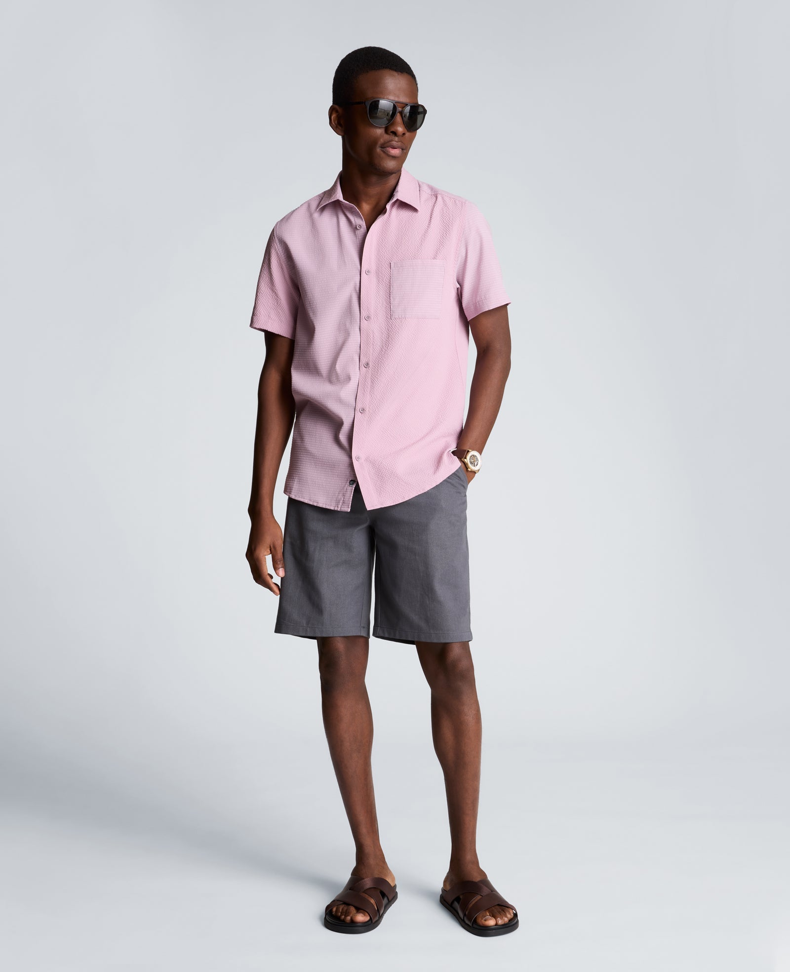 Slim Fit Short-Sleeve Mixed-Media Sport Shirt | Kenneth Cole MAUVE