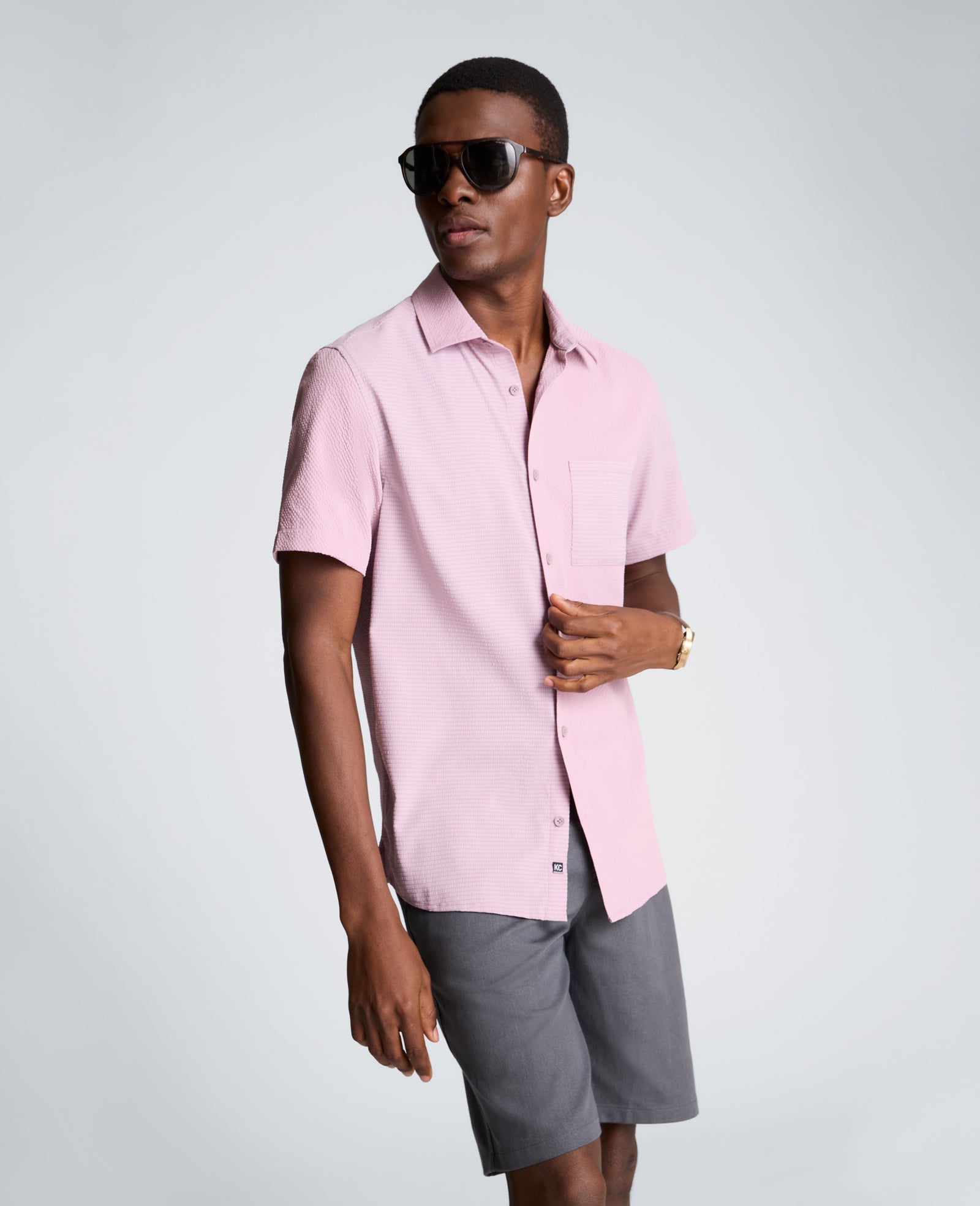 Slim Fit Short-Sleeve Mixed-Media Sport Shirt | Kenneth Cole MAUVE