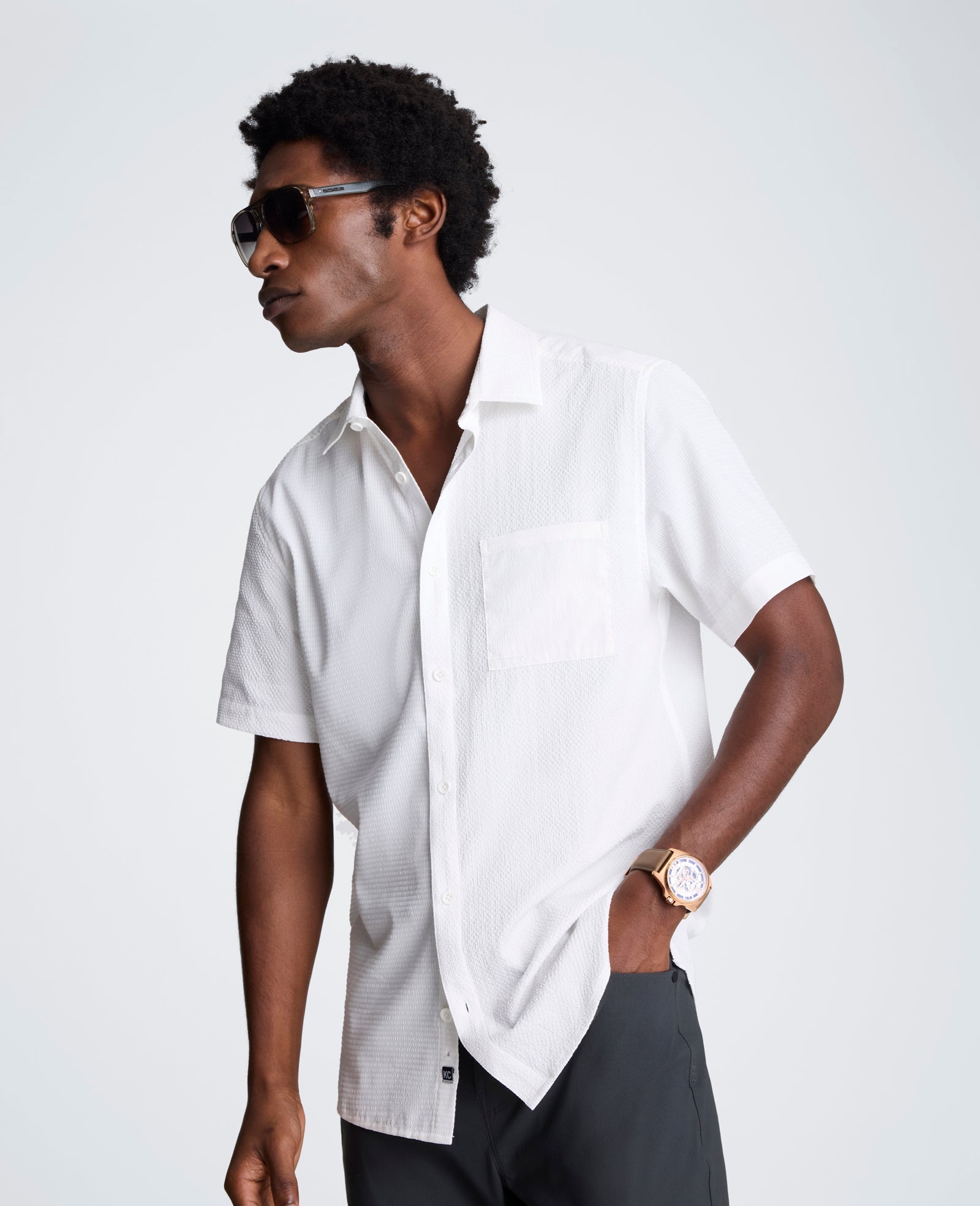 Slim Fit Short-Sleeve Mixed-Media Sport Shirt | Kenneth Cole WHITE