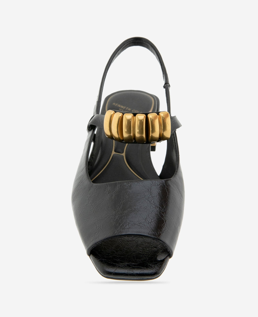 Illia Patent Open Toe Hardware Flat Slingback | Kenneth Cole BLACK PATENT