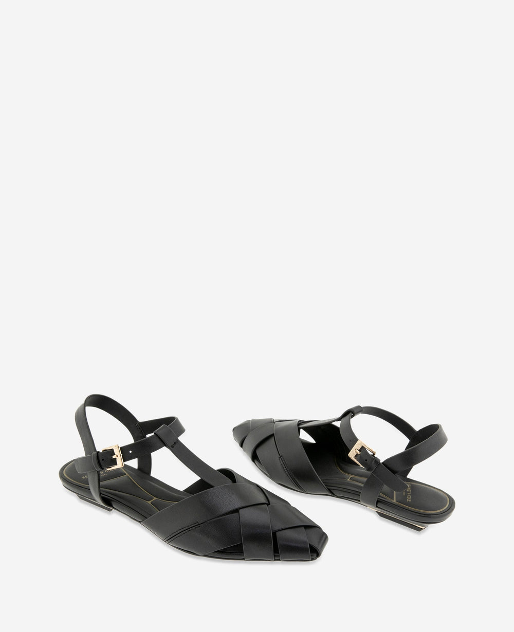 Bindy Woven Leather T-Strap Sandal | Kenneth Cole BLACK LEATHER