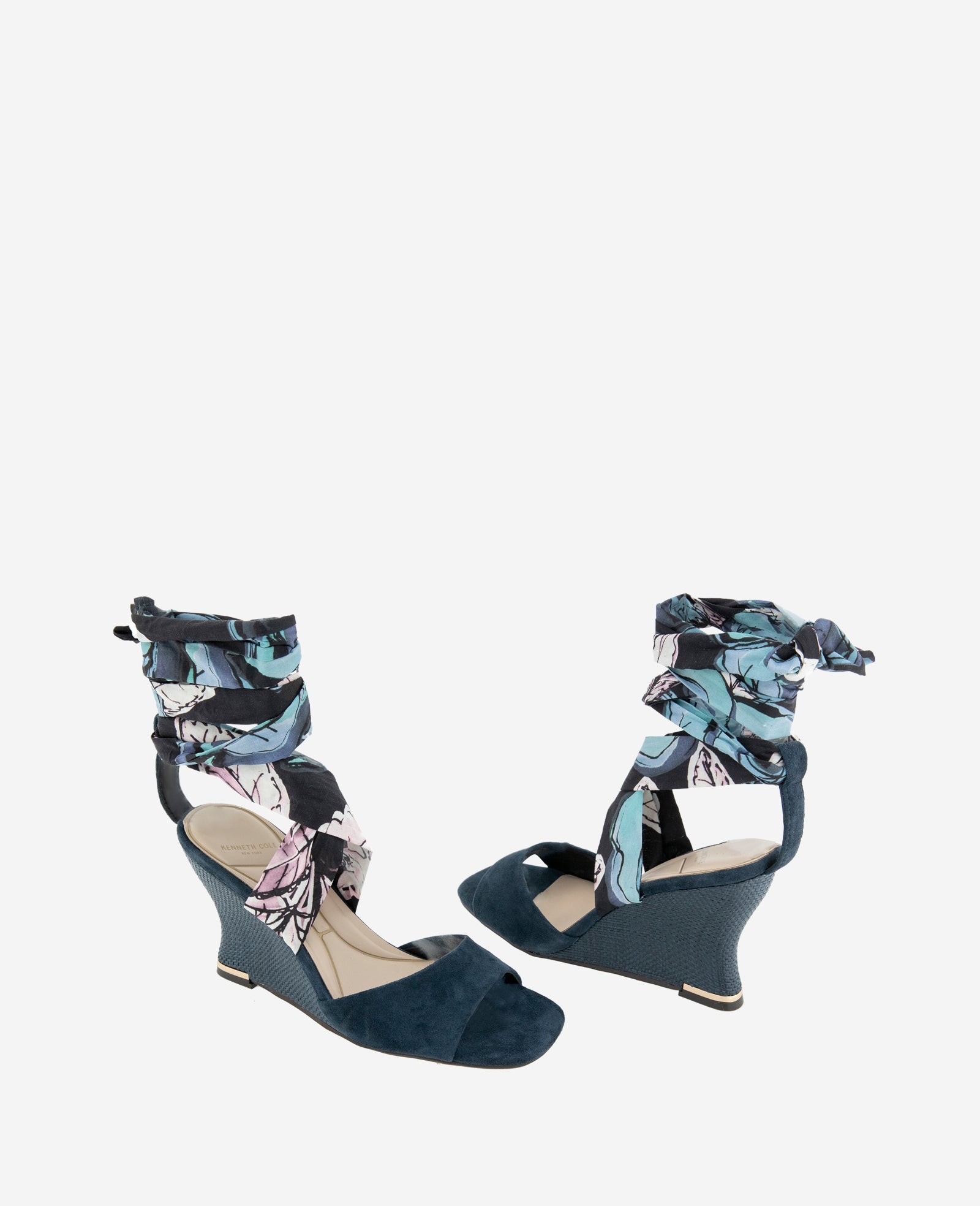Fabia Printed Fabric Wrap Around Suede & Raffia Wedge | Kenneth Cole NAVY SUEDE